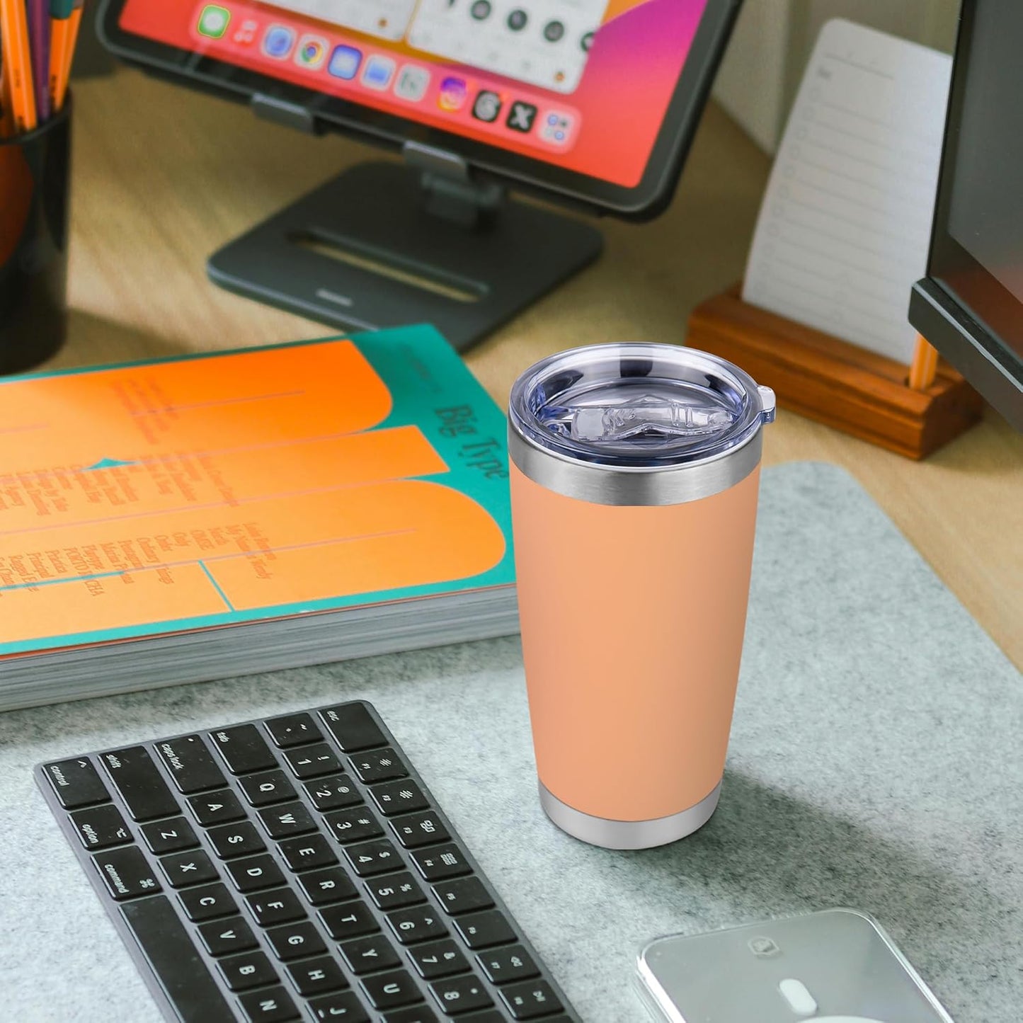 20 oz Tumbler Stainless Steel Tumblers Bulk with Lid Double Wall Insulated Coffee Tumbler Cups for Hot & Cold Drinks Powder Coated Travel Coffee Tumbler Mug Metal (Cream Orange, 1 pack)