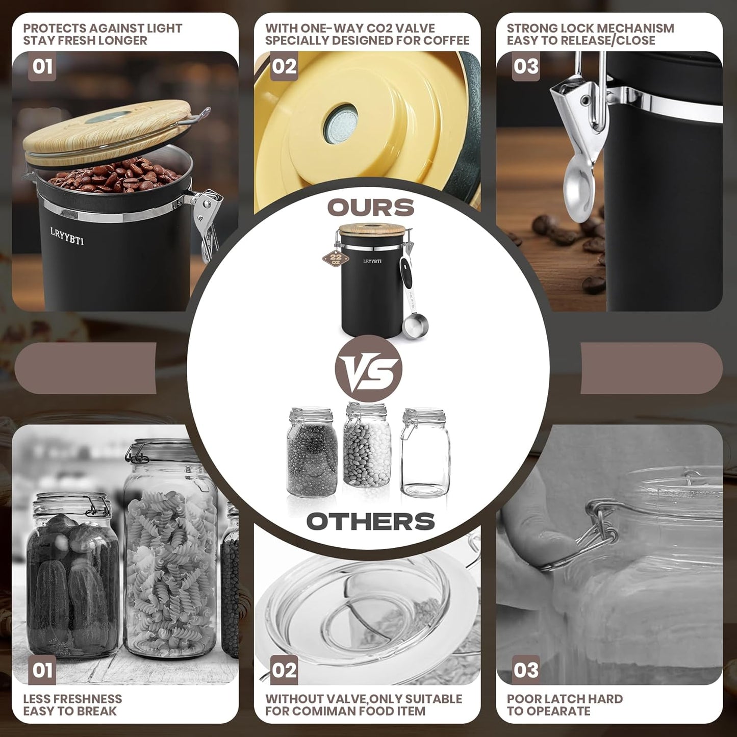 Airtight Coffee Canister,Stainless Steel Coffee Bean Storage Container with Scoop Date Tracker & CO2 Release Valve for Beans, Grounds and more- Black