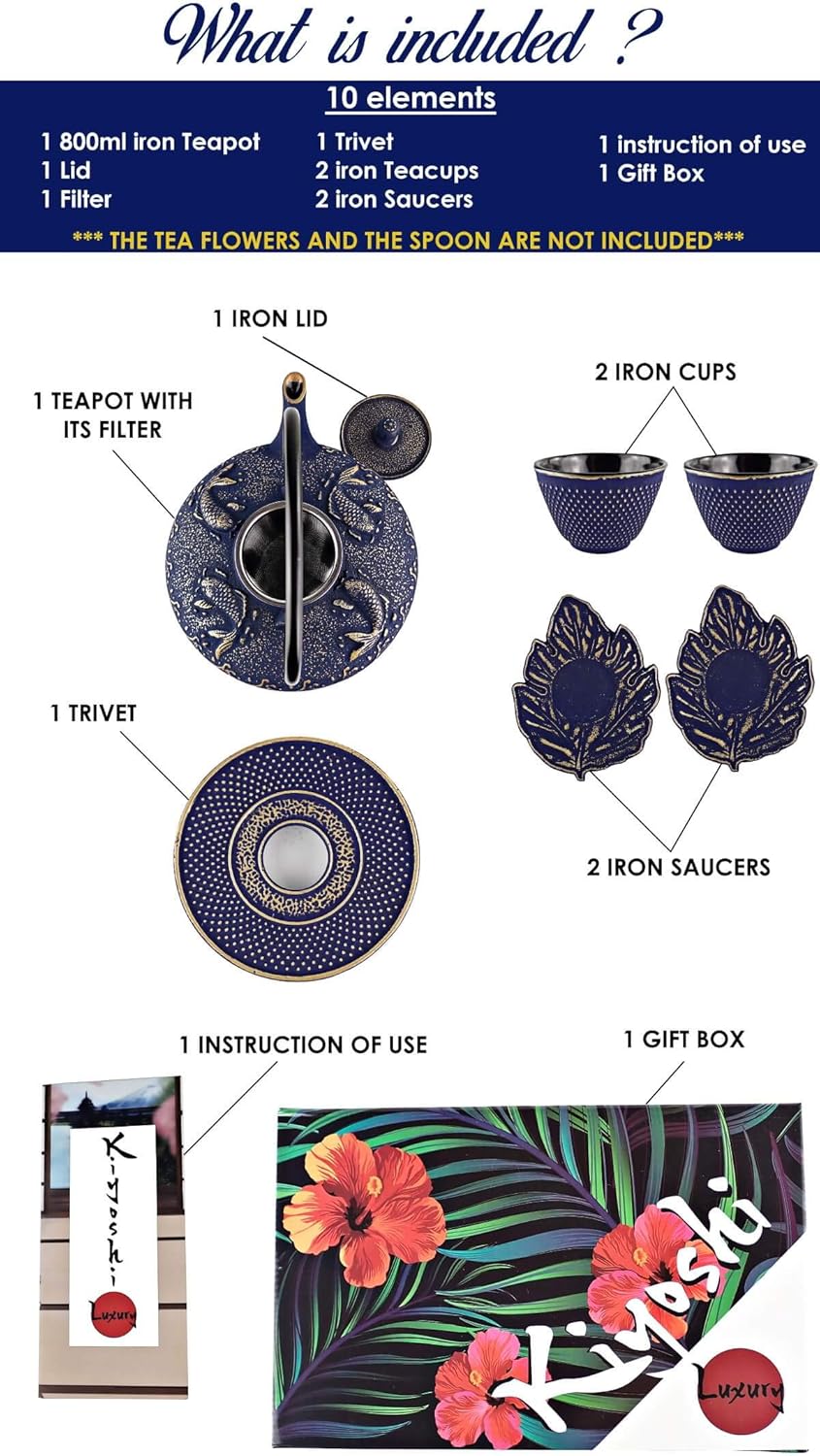 7PC Japanese Tea Set."Midnight Blue Koi" Cast Iron Tea Pot with 2 Tea Cups, 2 Saucers, Tea Infuser and Teapot Trivet. Ceremonial Matcha Accessories