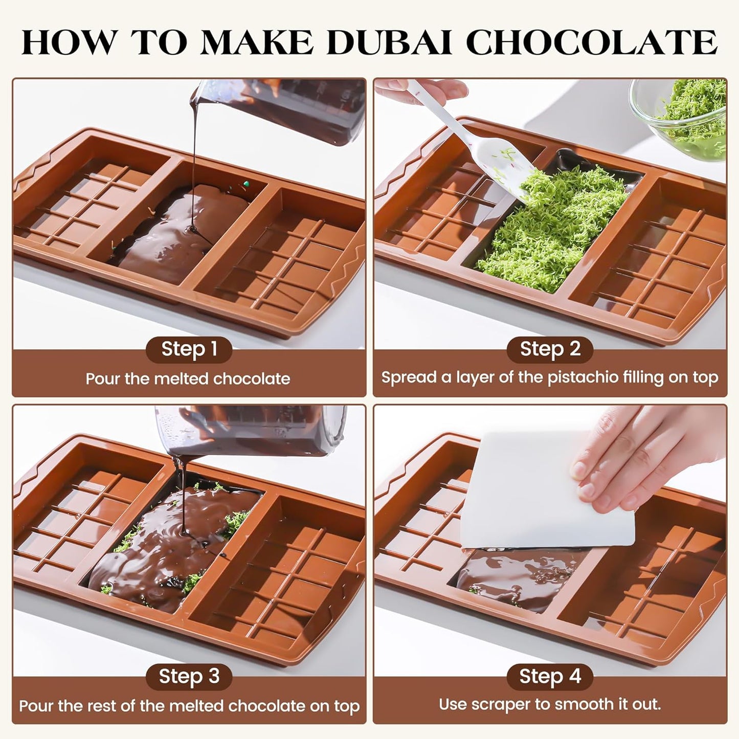 4 Pcs Chocolate Bar Mold Deep Dubai 0.85 Inch Stuffed Chocolate Molds Silicone Large Break Apart Silicone Molds (10 Snap + 5 Snap)