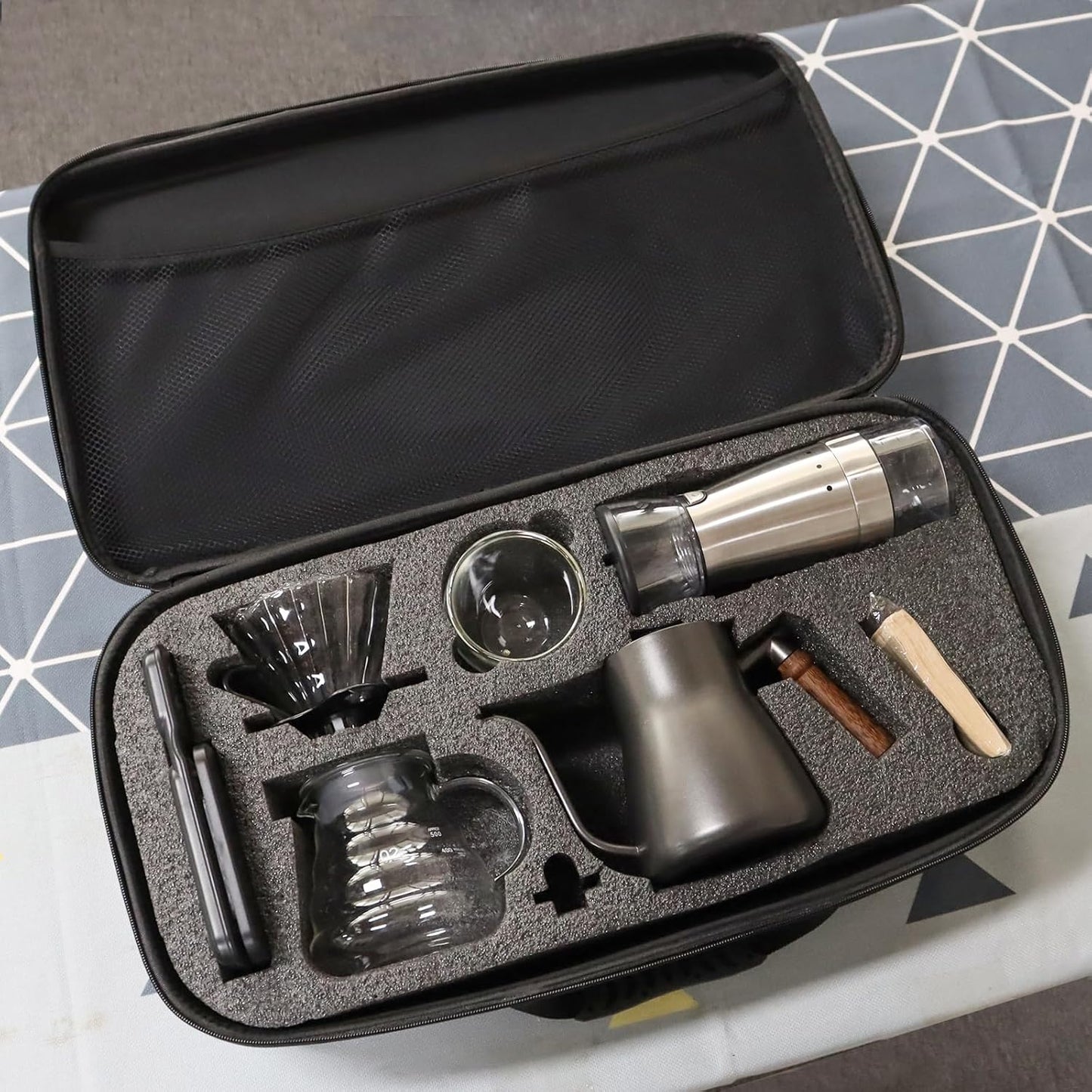 SOTECH Electric Coffee Maker Set with Electric Grinder Glass Dripper Server Steel Kettle Filter Paper Travel Bag for Outdoor Travel BBQ Picnic