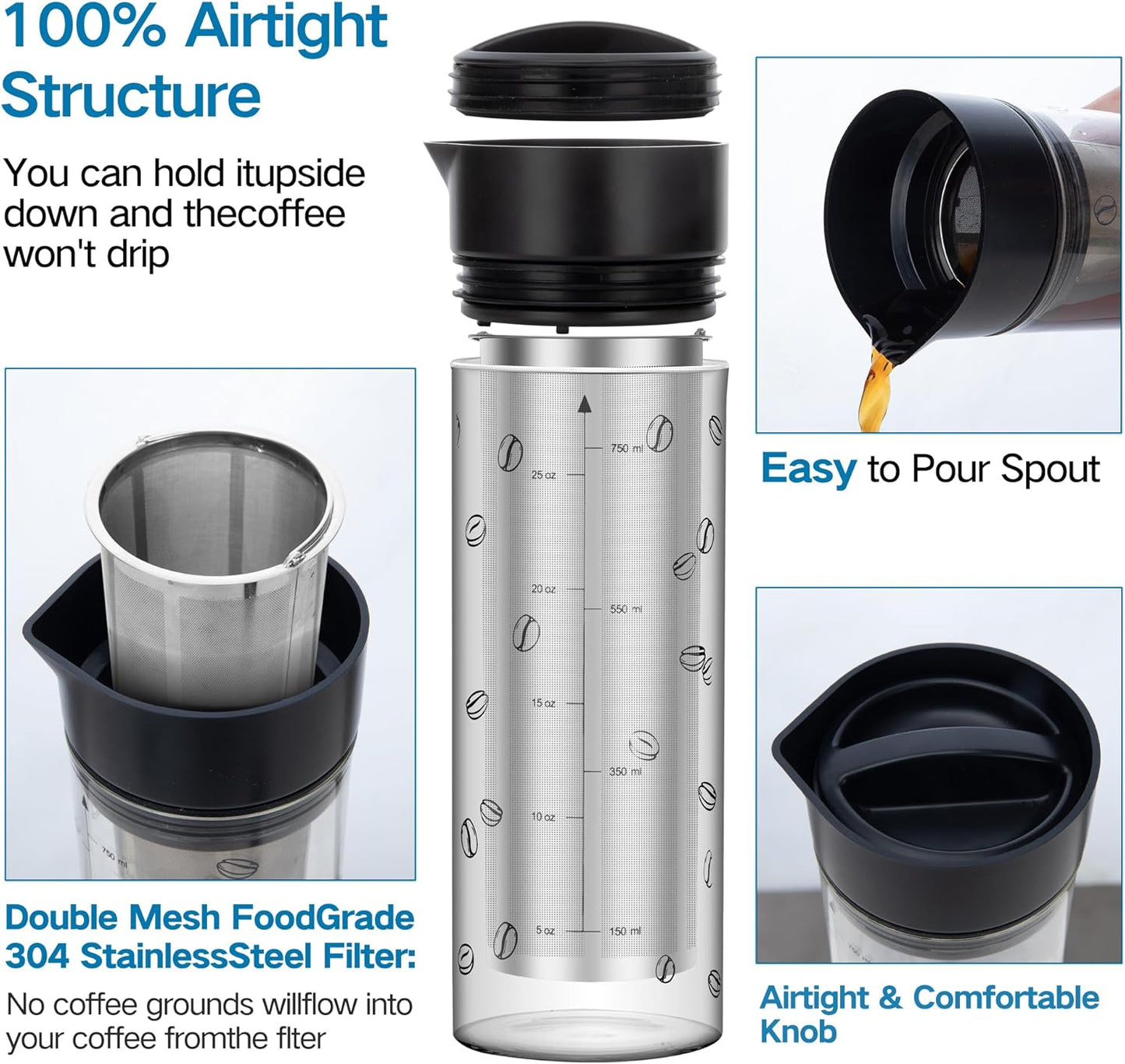 25oz Cold Brew Coffee Maker 4 Cup Capacity Tea Maker, Iced Coffee Pot, Cold Heat Resistant Borosilicate Glass Carafe, Stainless Steel Mesh Filter Basket and Black Freshness Lid