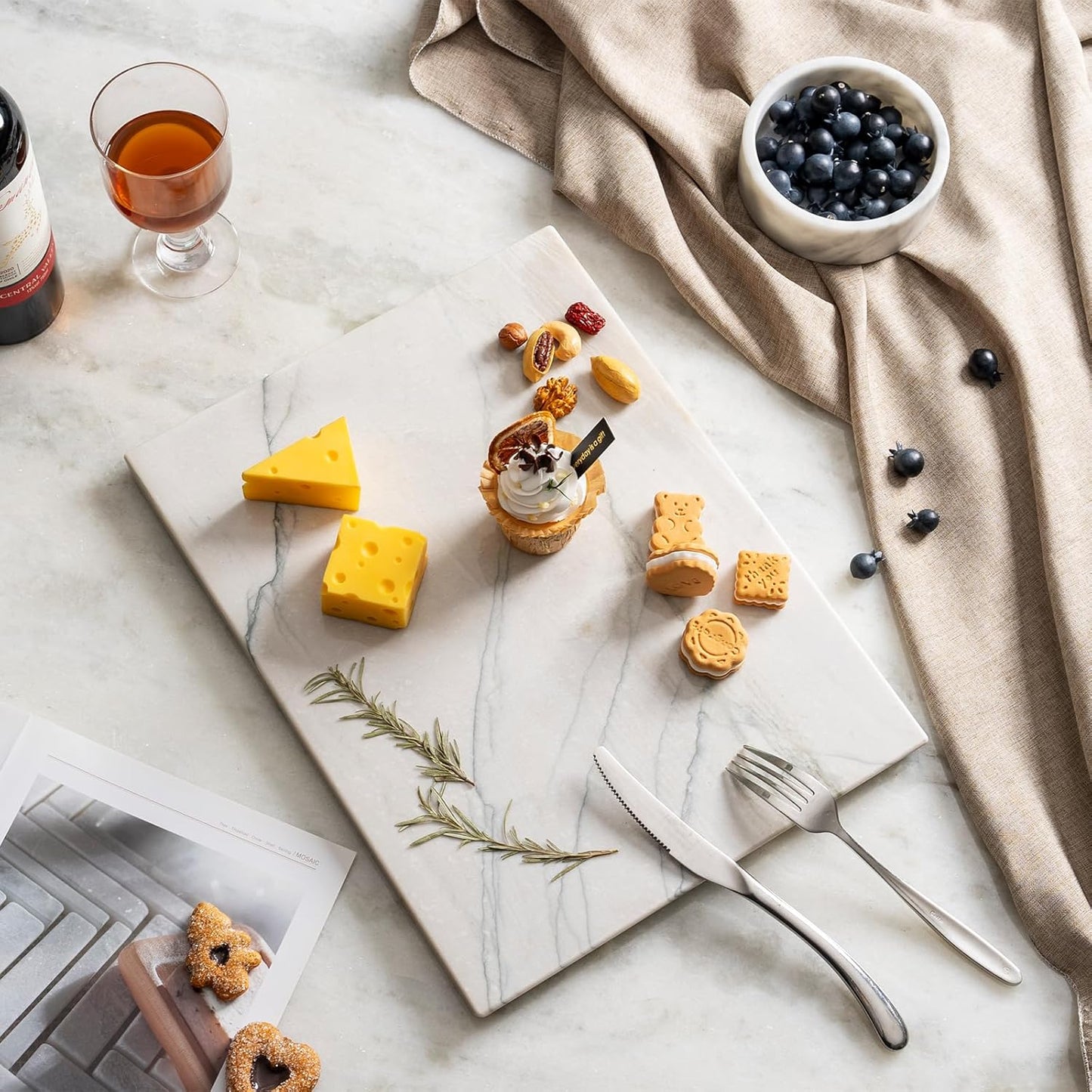 Koville Marble Pastry Board Cutting Boards for Kitchen Counter, 16" x 12" Natural White Marble Cutting Board Cheese Board, Stone Charcuterie Slab, Heat Resistant Rectangular Serving & Chopping Slab