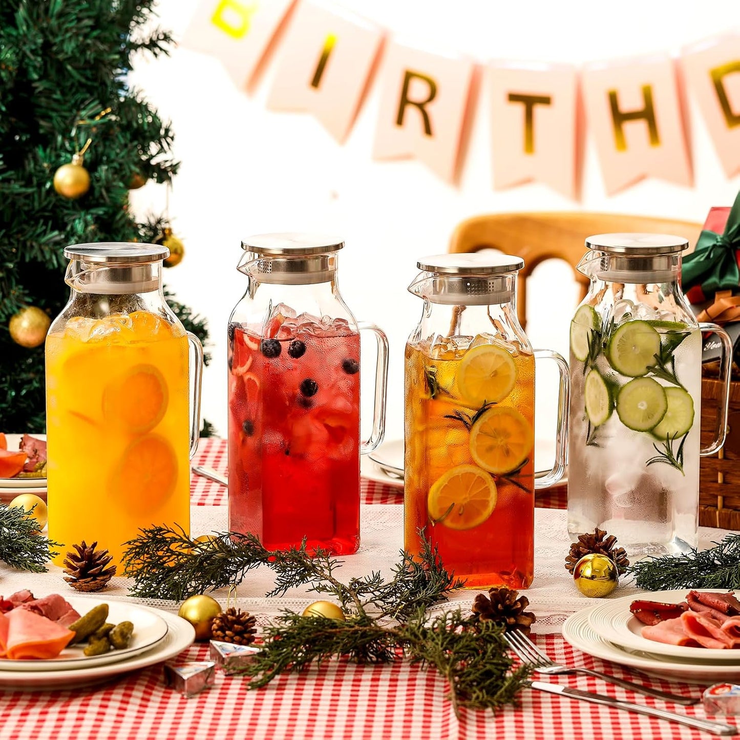 Netany 4 Pack 2 Liters/68 oz Square Glass Pitcher with Lid and Handle for Fridge, Iced Tea and Coffee Carafe Beverage Serveware, Heat Resistant Borosilicate Water Jug for Hot/Cold Drinks and Milk