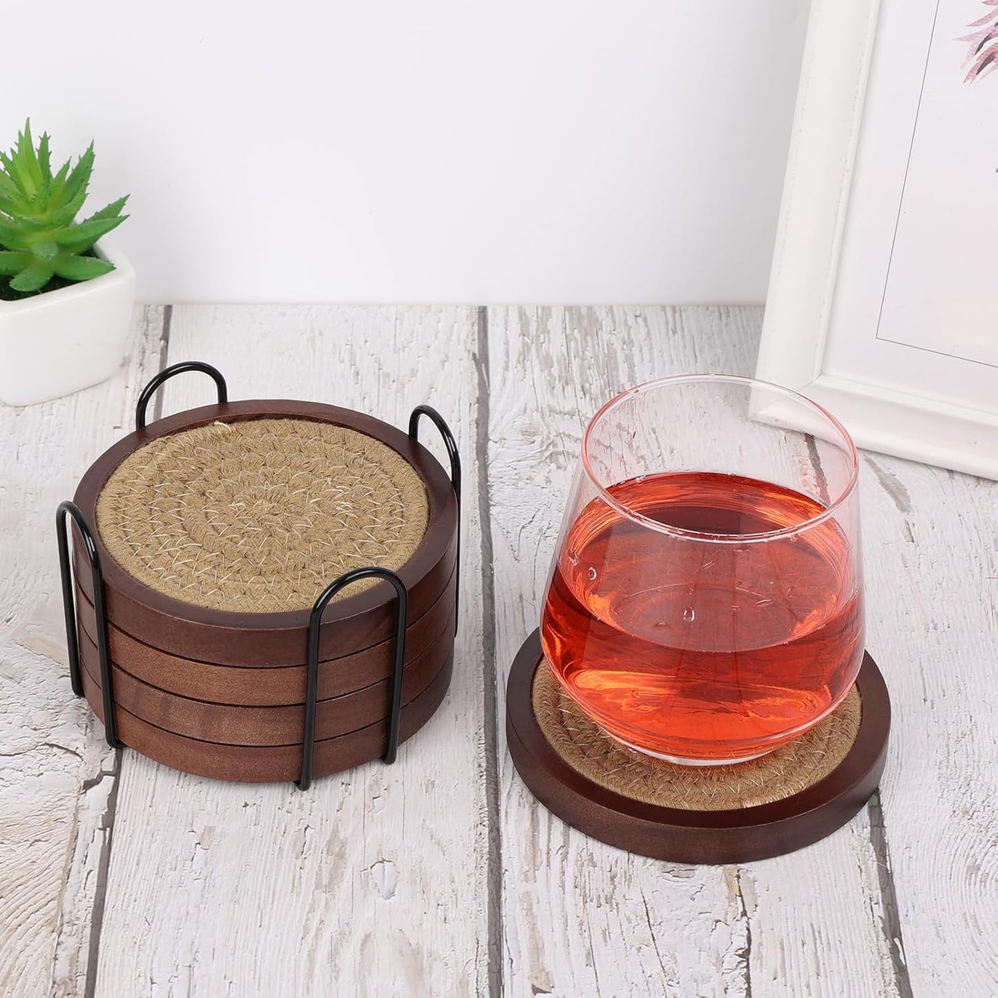 Mckanti 5 Pack Wooden Coasters with Holder for Coffee Table Decor, Absorbent for Kinds of Cups, 4.3 Inches