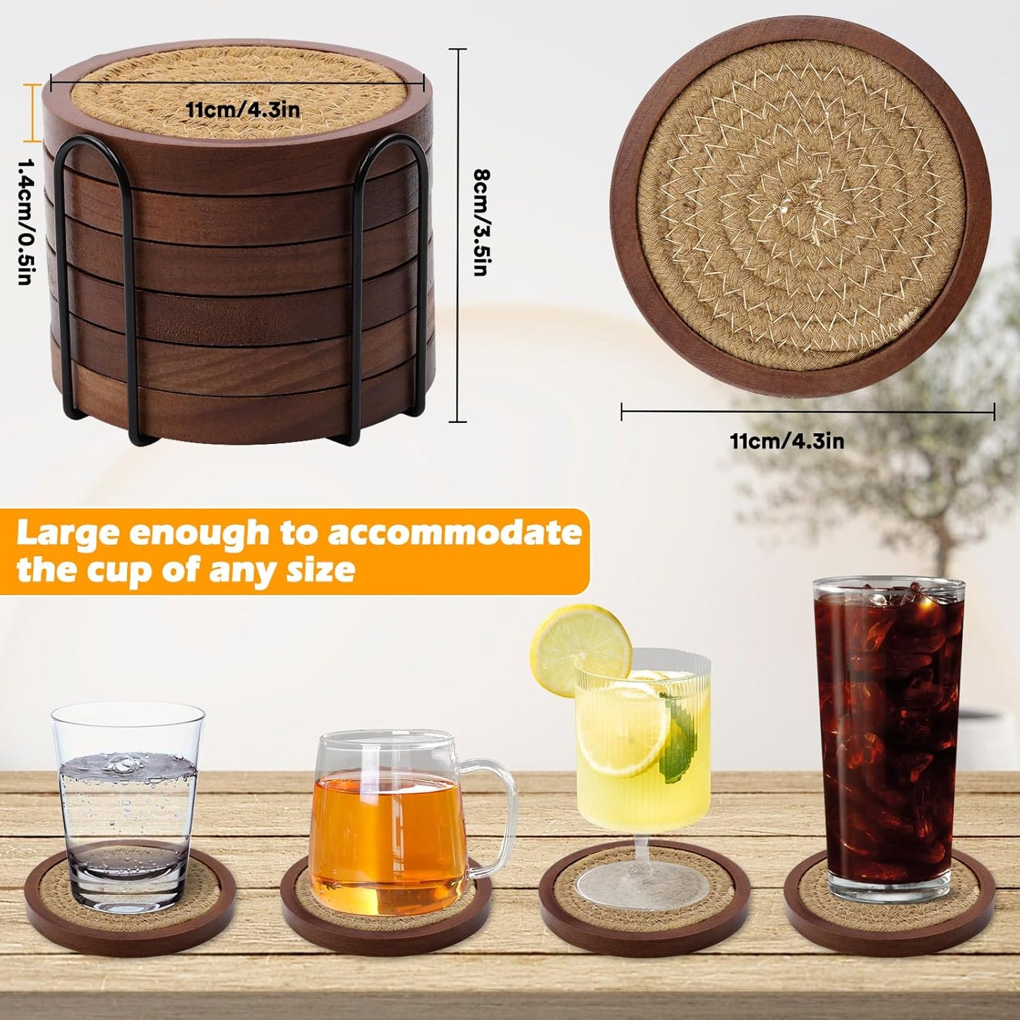 Mckanti 6 Pack Wood Coasters for Drinks with Cotton Coasters Insert, Wooden Coasters with Holder for Coffee Table Decor, Absorbent Coasters for Kinds of Cups, 4.3 Inches