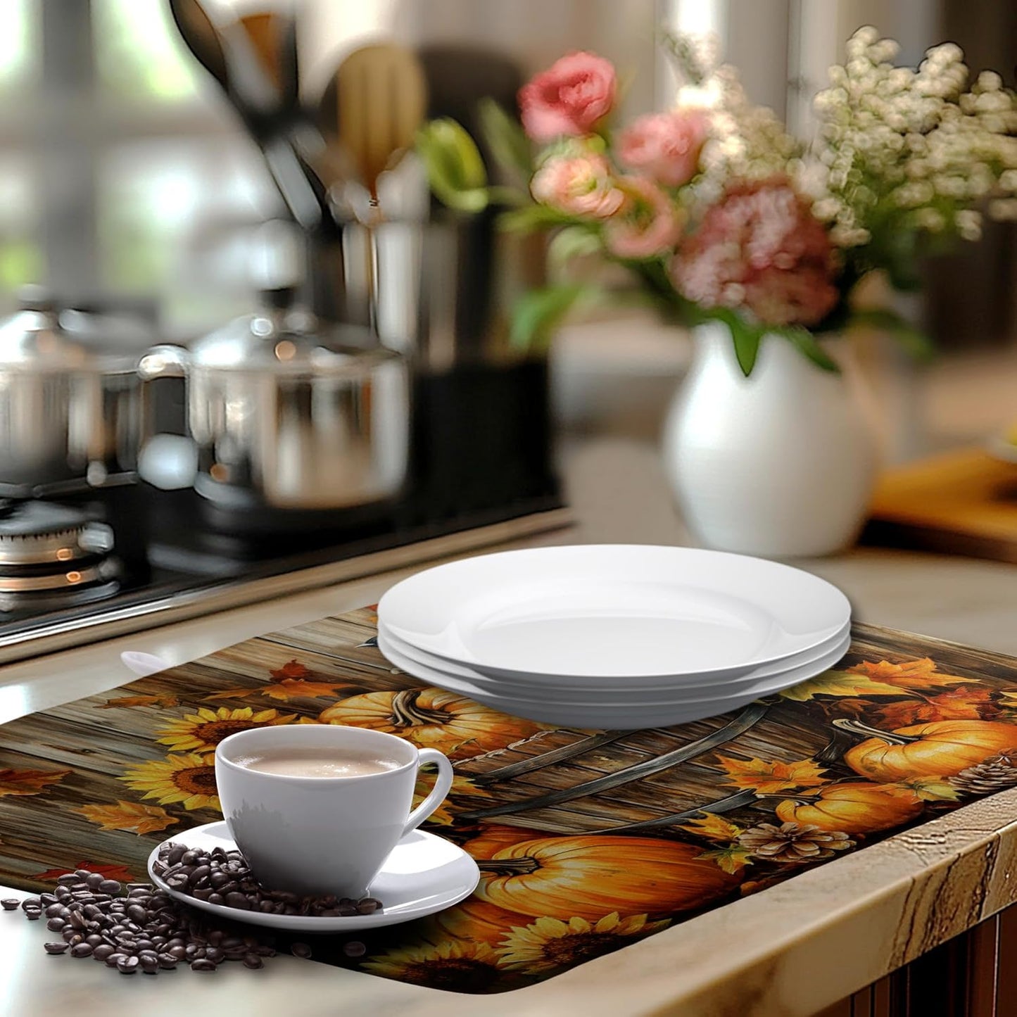 Fall Pumpkin Dish Drying Mat Autumn Maple Leaves Thanksgiving Large Kitchen Mats Dish Drying Pad Absorbent Dish Dryer Mat for Kitchen Countertops Microfiber Drainer Pad Dish Drying Mats (18x24 in)