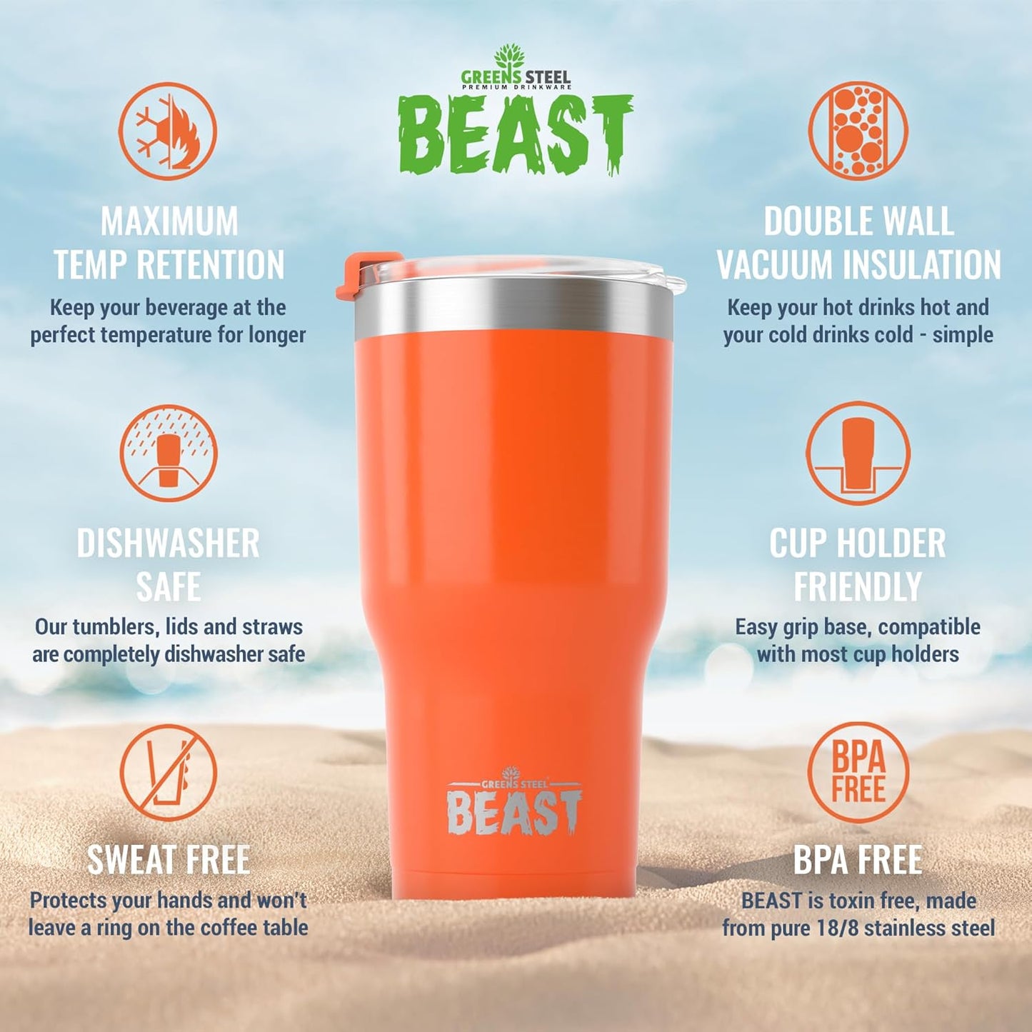 Beast 20 oz Tumbler Stainless Steel Vacuum Insulated Coffee Ice Cup Double Wall Travel Flask (Orange)