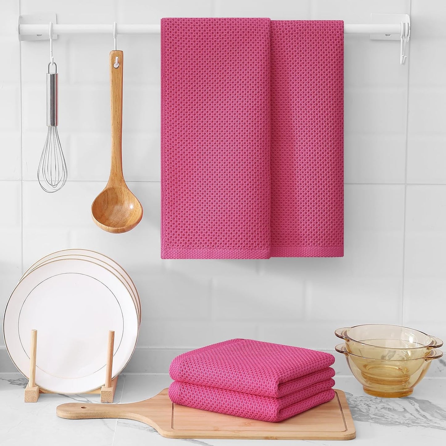 Kitinjoy 100% Cotton Waffle Weave Kitchen Towels, 12-Pack Super Soft and Absorbent Dish Towels for Drying Dishes, Kitchen Hand Towels, 13 in x 28 in, Hot Pink