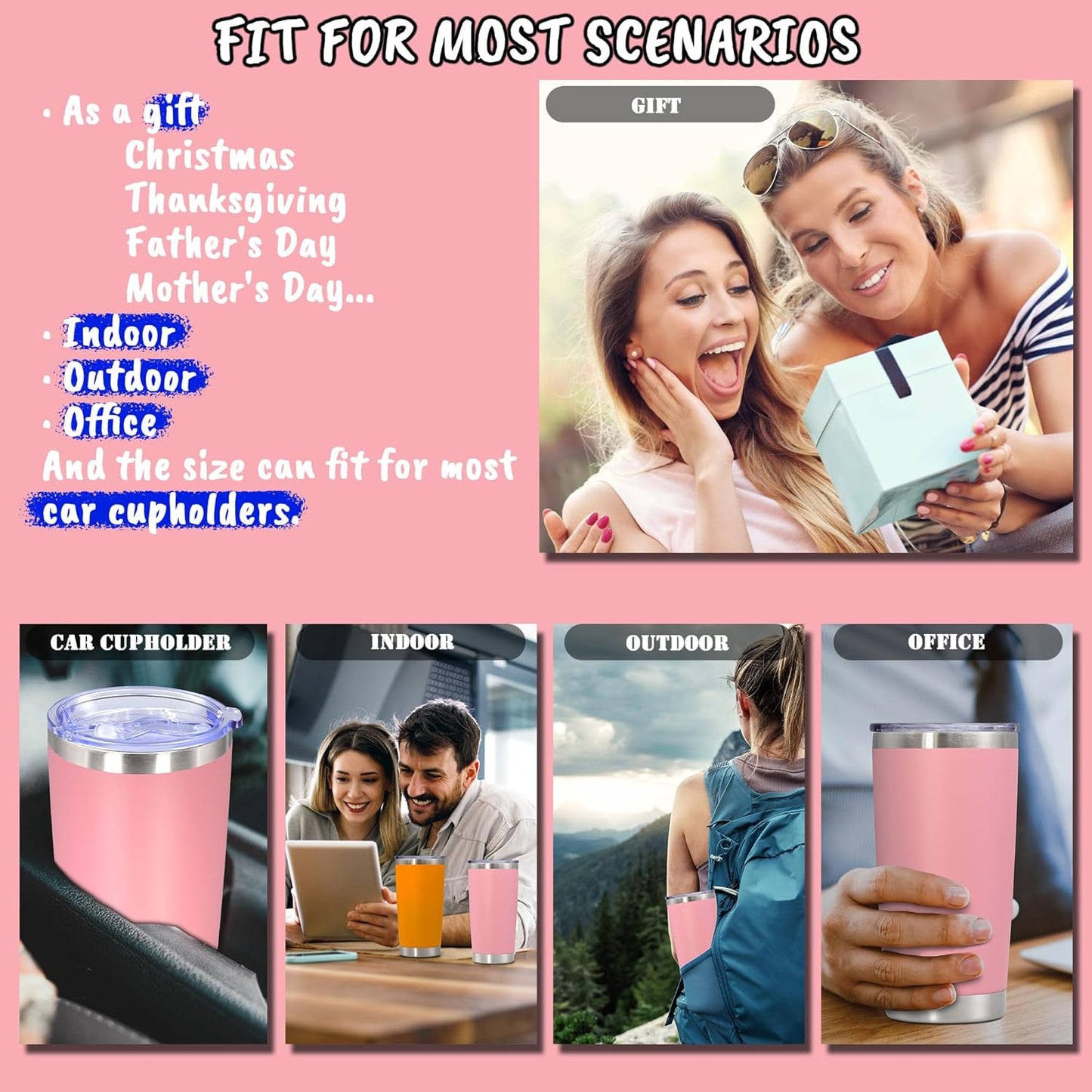 20 oz Tumbler with lid Double Wall Vacuum Insulated Tumblers Stainless Steel Coffee Mug Travel Coffee Tumbler Powder Coated Tumbler Cup Keep Hot&Cold - (Pink 1 Pack)