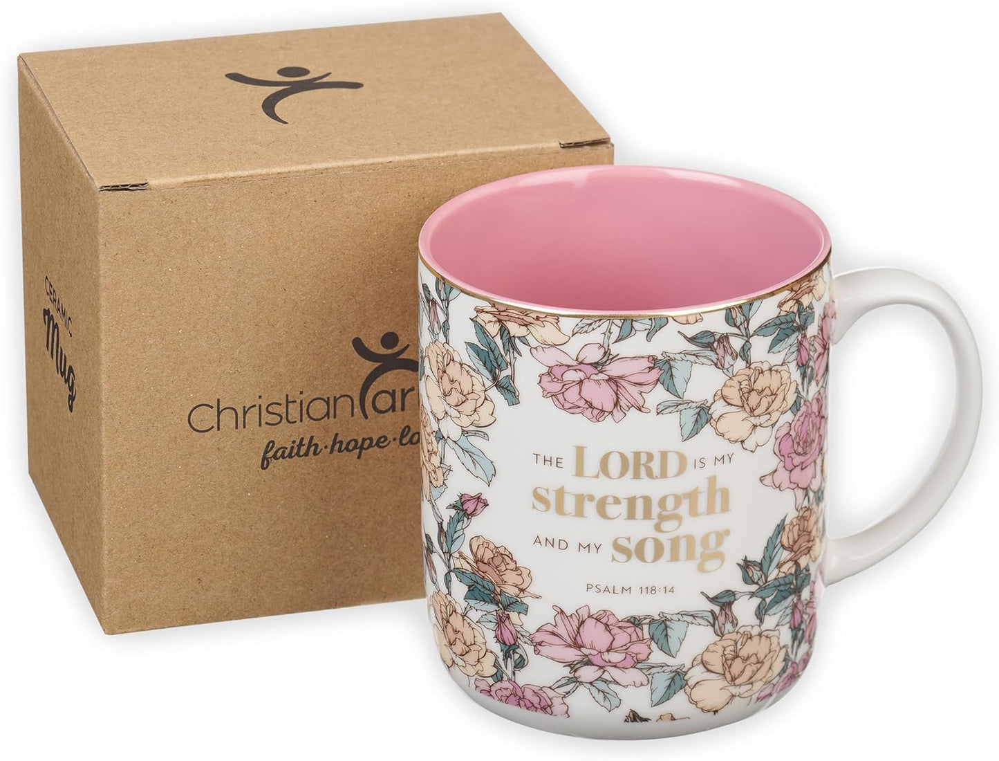Christian Art Gifts Pink Floral Ceramic Coffee Mug – 14 oz. Lead and Cadmium-free Non-toxic Inspirational Scripture Coffee and Tea Mug for Women with Bible Verse: My Strength and My Song –Psalm 118:14