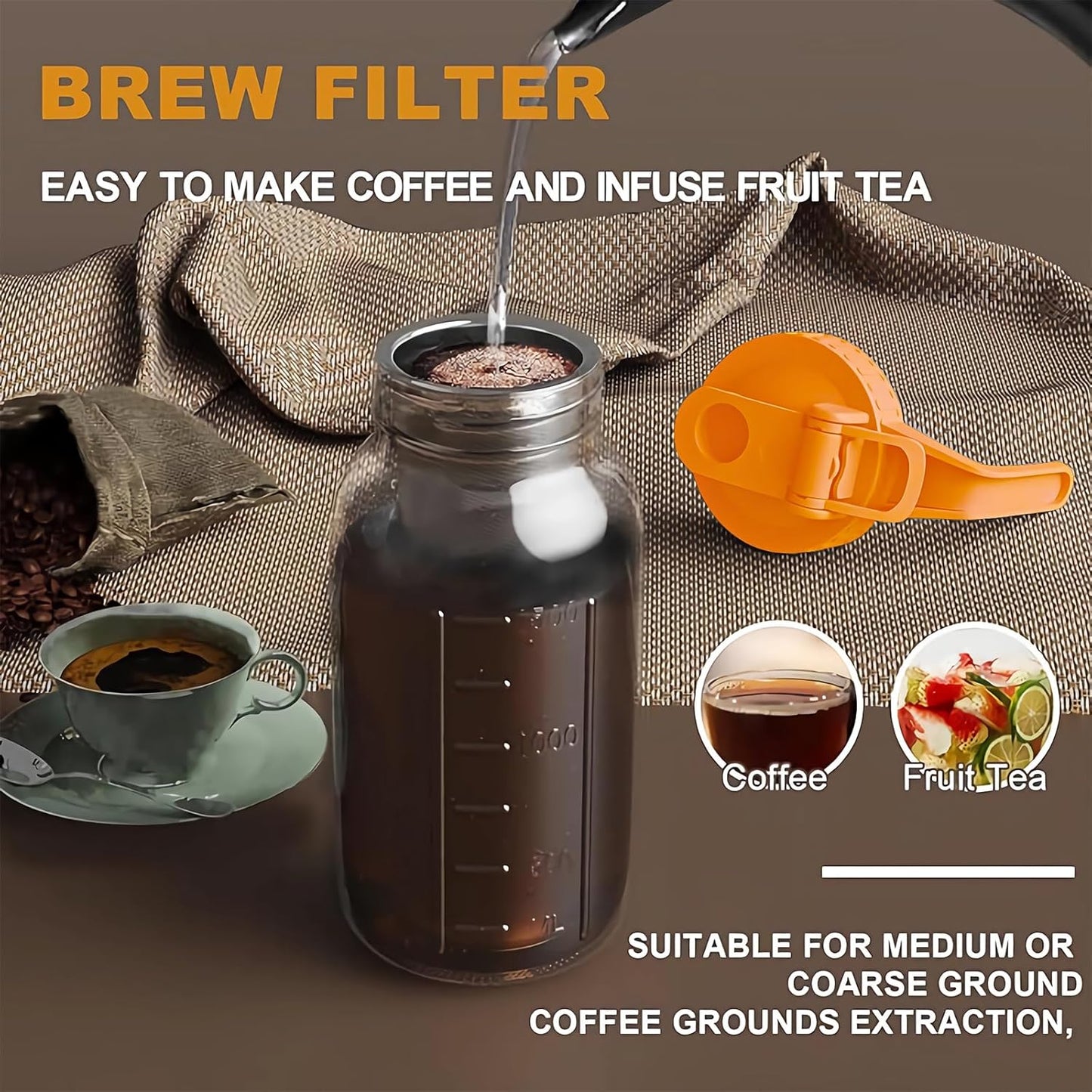 Cold Brew Coffee Maker Jar - 64oz Thick Glass Multipurpose Mason Pitcher Spout Lid with Handle & Stainless Steel Filter for Iced Coffee, Lemonade, Ice Tea, Homemade Fruit Drinks Container