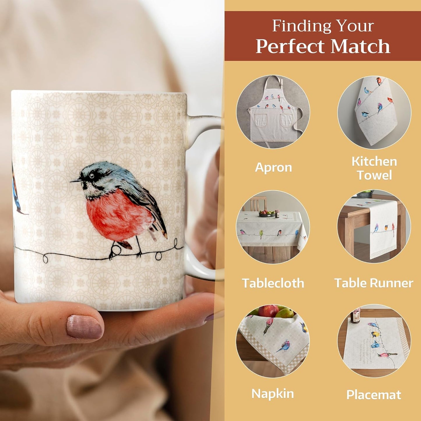 Maison d' Hermine Coffee Mug with Handles Fine Bone China Mugs Pack of One Tea Cups for Hot Beverages Cappuccino Latte Home Restaurant Office Perfect for Gift (Birdies On Wire - Robin, 15 Ounce)