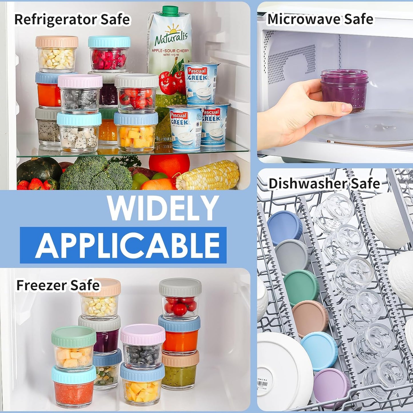 DRKIO 6 Pack Glass Baby Food Storage Containers - 4 Oz Baby Food Jars with Lids Baby Food Maker Microwave Dishwasher Freezer Safe 100% Leak Proof BPA Free Reusable