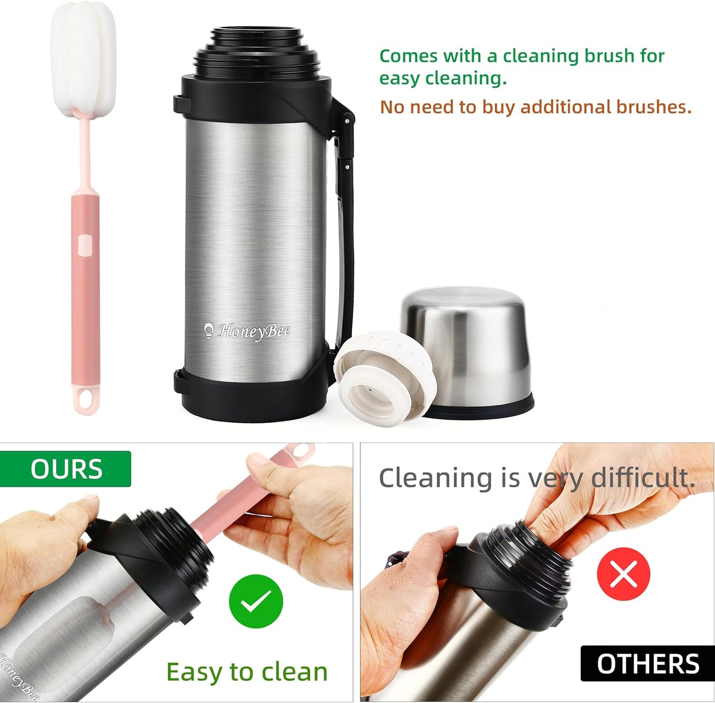HoneyBee 41 Ounce,Vacuum Insulated Bottle,Coffee Thermos,Thermos for Hot Drinks. Twist and Pour TopThermos & Cleaning Brush. Commute, Travel, and Picnic Friendly Portable.Bpa-Free .(Silver)