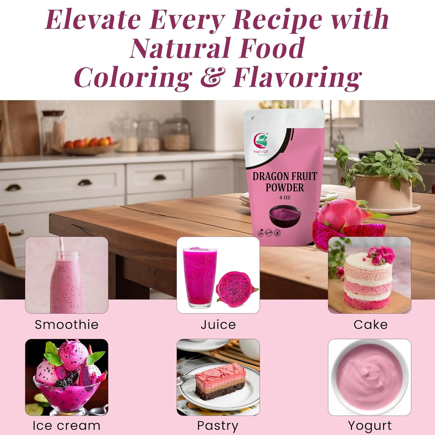 Dragon Fruit Powder 4oz, 100% Pure & Natural Pink Pitaya Powder, Premium Quality, For Smoothies, Baking, Tea, Natural Food Coloring and Flavoring - By Yogiโs Giftยฎ