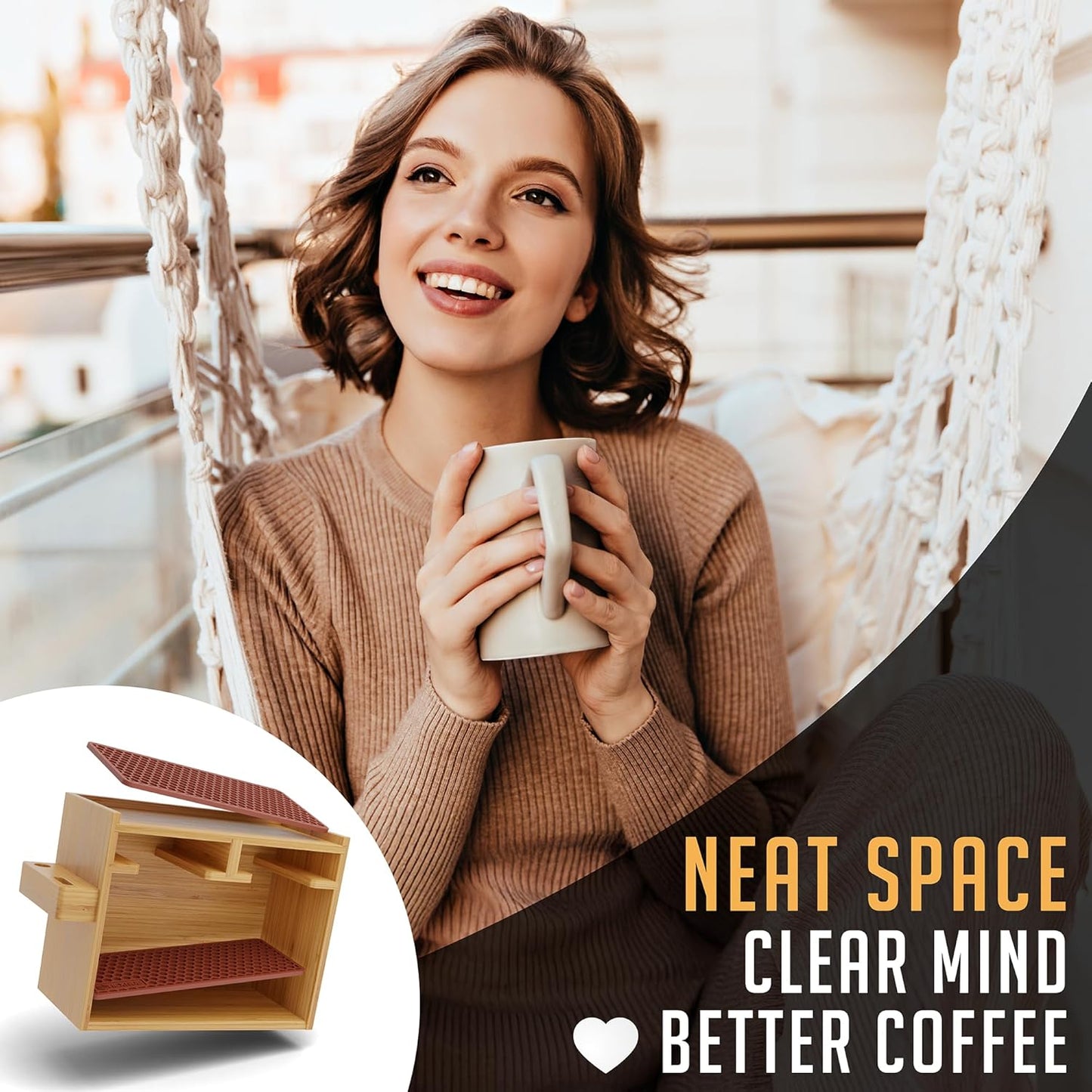 HEXNUB – Bamboo Organizer for AeroPress, Coffee Caddy Station Holds AeroPress Coffee Maker, Accessories, Filters, Cups, Stand includes Dripper Mats (Brown)