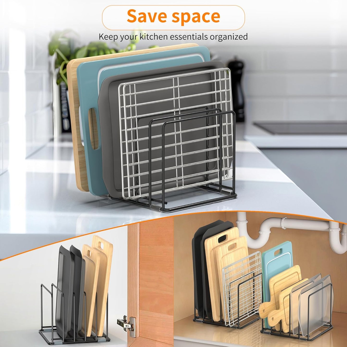 Cutting Board Organizer, Kitchen Cabinet Organizer, Divided Rack with 5 Slots for Baking Trays, Cutting Boards - Cookie sheet Organizer Inside Cabinet, Baking Sheets Holder (large)