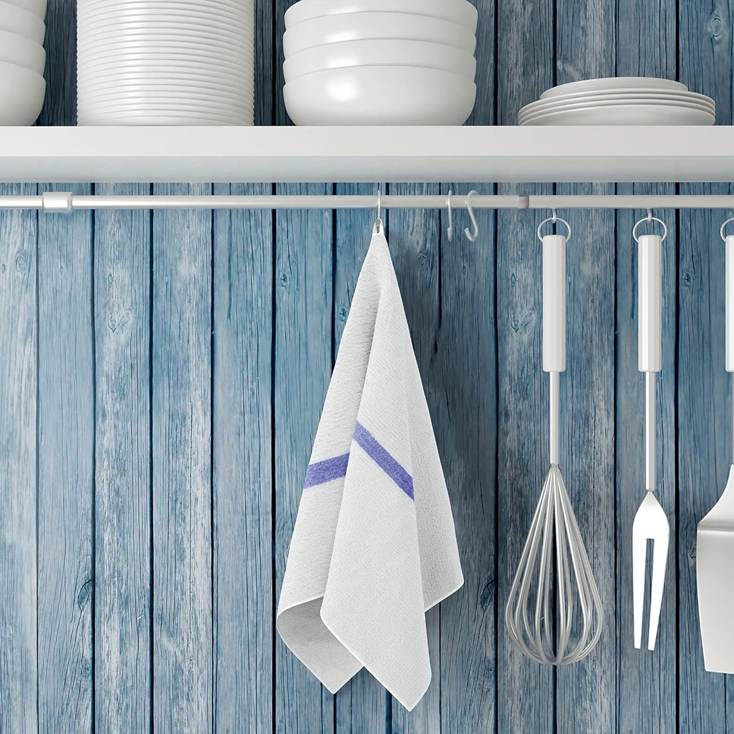 GOLD TEXTILES 120 PC New Cotton Blend White Restaurant Bar Mops Kitchen Towels 28oz (10 Dozen) (120, Blue Stripe)