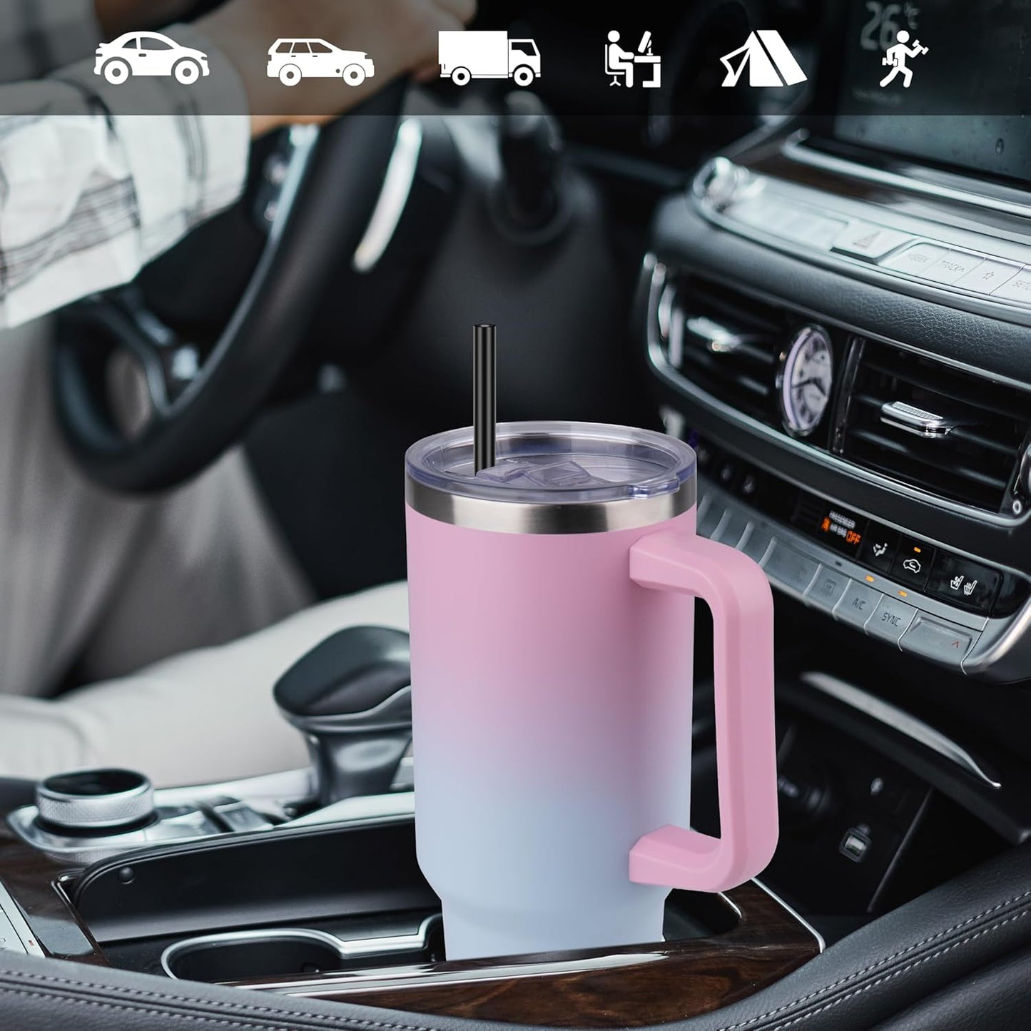 DOMICARE 40 oz Tumbler with Handle and Straw, Stainless Steel Tumbler with Lid and Straw, Reusable Vacuum Insulated Cup, Travel Coffee Mug, Dreamy Pink Blue, 4Pack