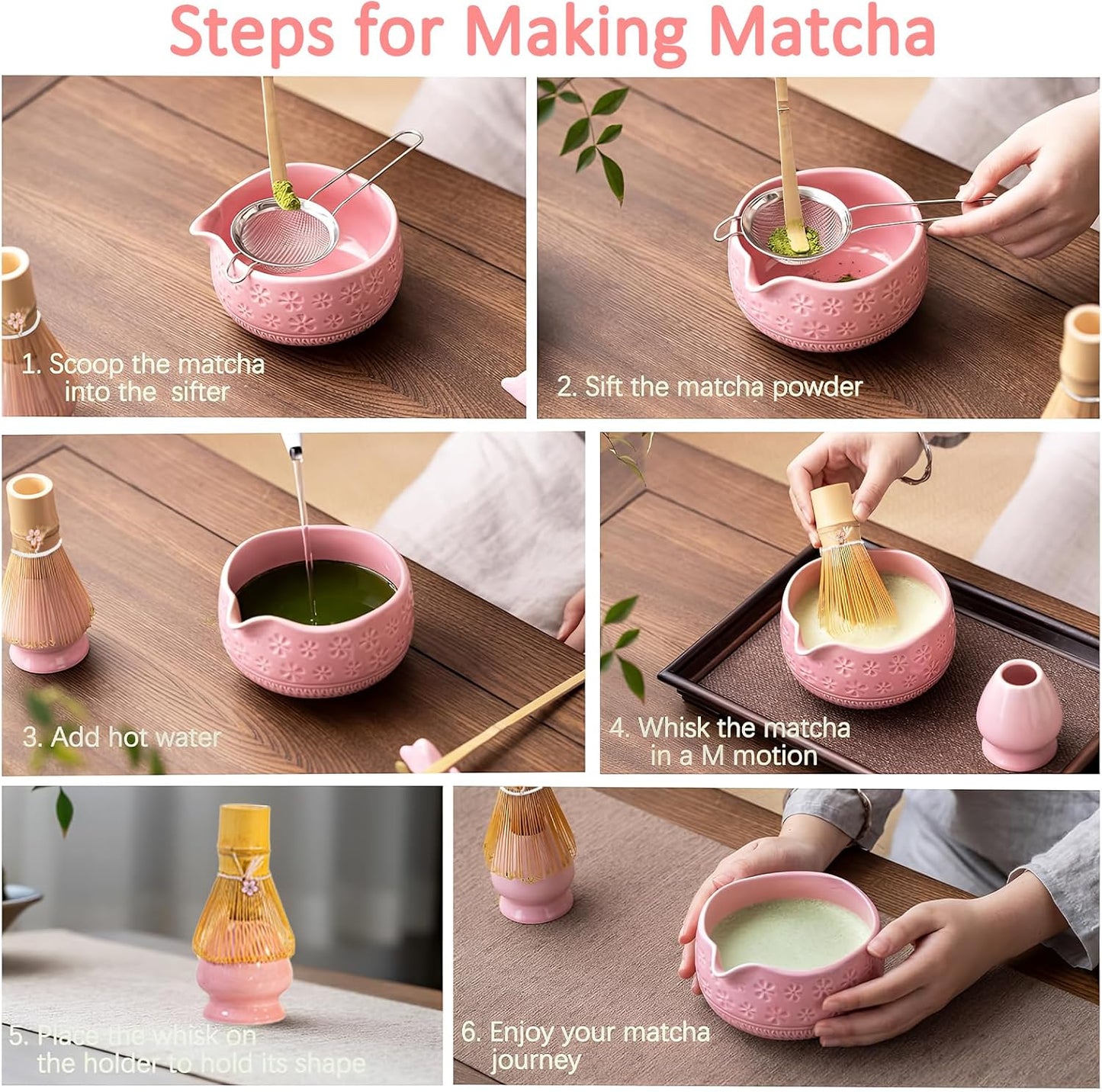 8 Pcs Matcha Whisk Set: Pink Matcha Tea Set Includes Ceramic Bowl, Whisk and Holder, Bamboo Scoop, Scoop Rest, Sifter and Tea Towel - Matcha Making Kit for Matcha Lovers