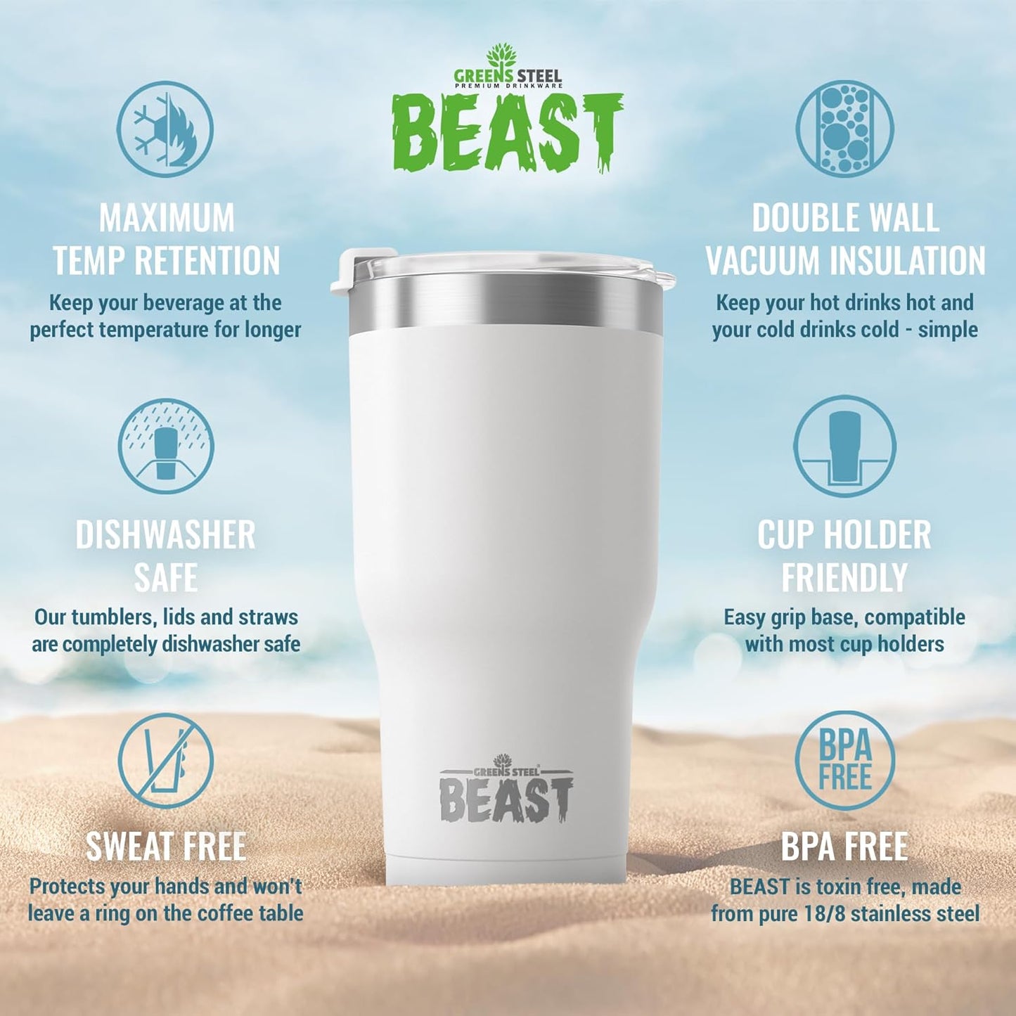 Beast 20 oz Tumbler Stainless Steel Vacuum Insulated Coffee Ice Cup Double Wall Travel Flask (Arctic White)