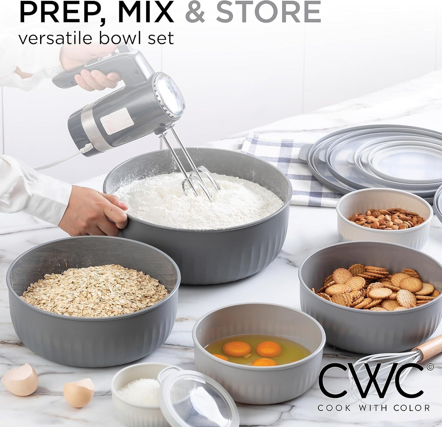 COOK WITH COLOR Prep Bowls with Lids- Wide and Deep Nesting Plastic Small Mixing Bowl Set with Lids, 12 Piece Set - Wide Bowls, Gray