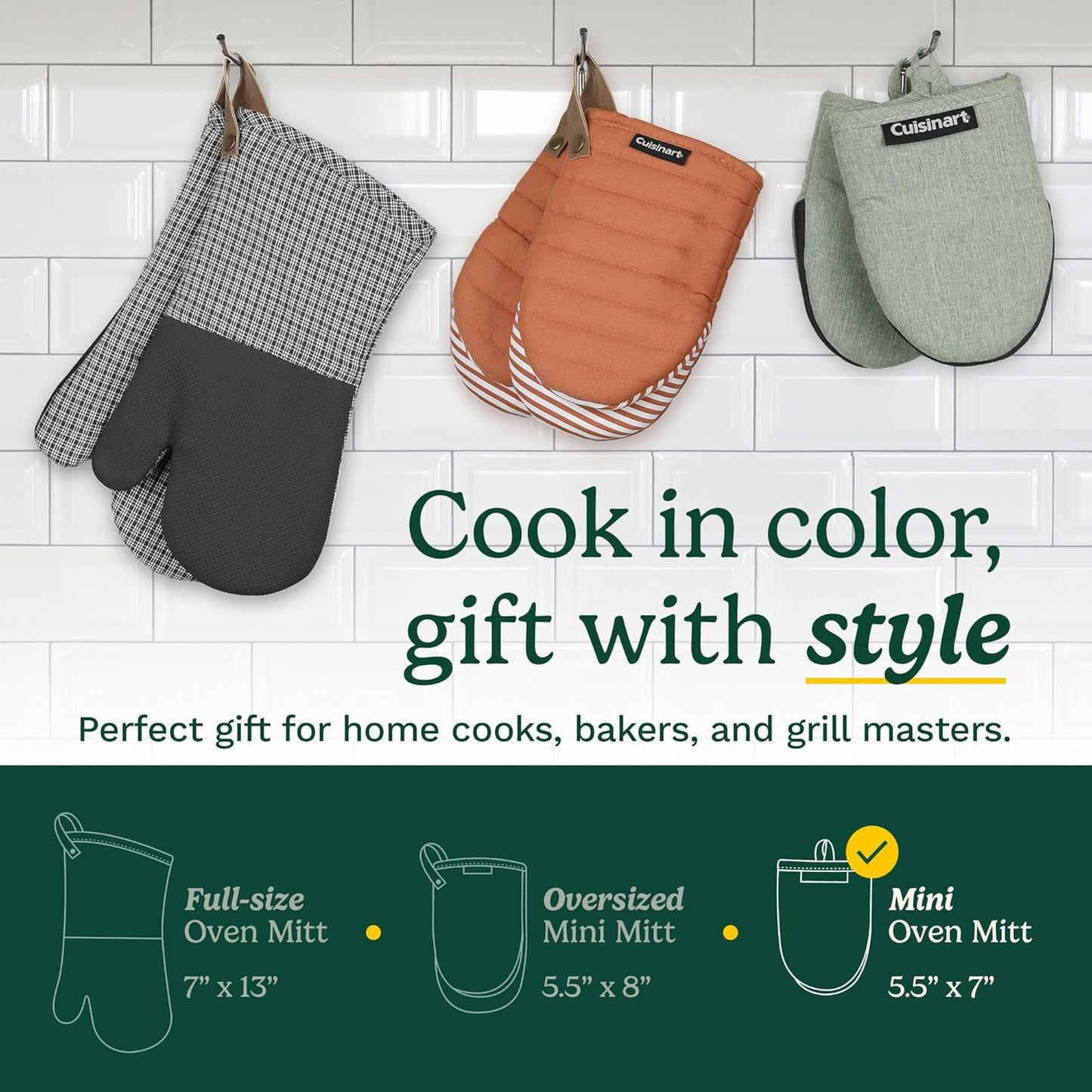 Cuisinart Mini Oven Mitts – 5.5” x 7” Heat-Resistant Kitchen Mitts for Oven with Non-Slip Neoprene Palm, Cotton Filling, and Fabric Loop – Durable Oven Mitt Set for Cooking & Baking (Sage)