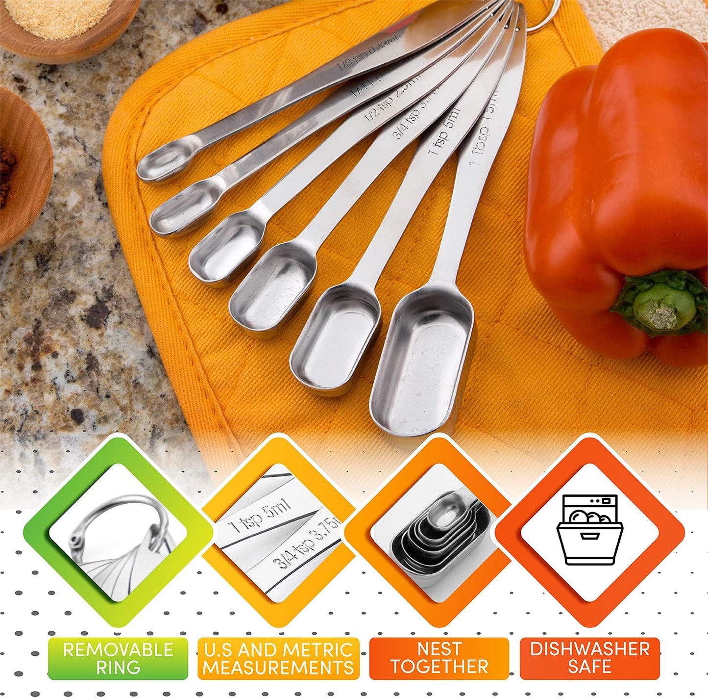 Spring Chef Stainless Steel Measuring Spoons Set of 7 with Leveler, Rectangular Metal Teaspoon & Tablespoon Measuring Spoons for Dry & Liquid Ingredients - Nesting Kitchen Gadgets For Baking & Cooking