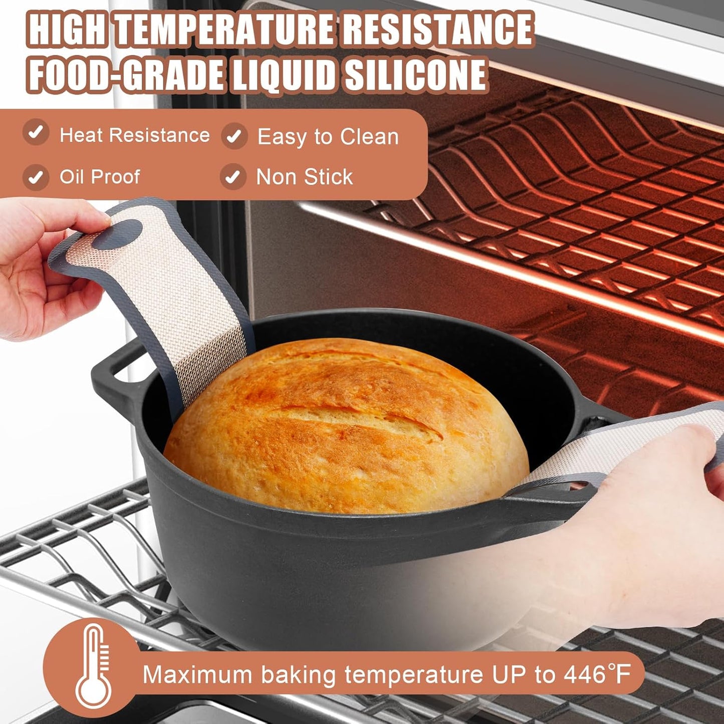 Silicone Bread Sling, 2 Pcs Non-Stick & Easy Clean Dutch Oven Baking Mat with Longer Handles, Silicone Baking Sling to Transfer SourDough Easily, Reusable Bread Mat Set with Storage Bracelets