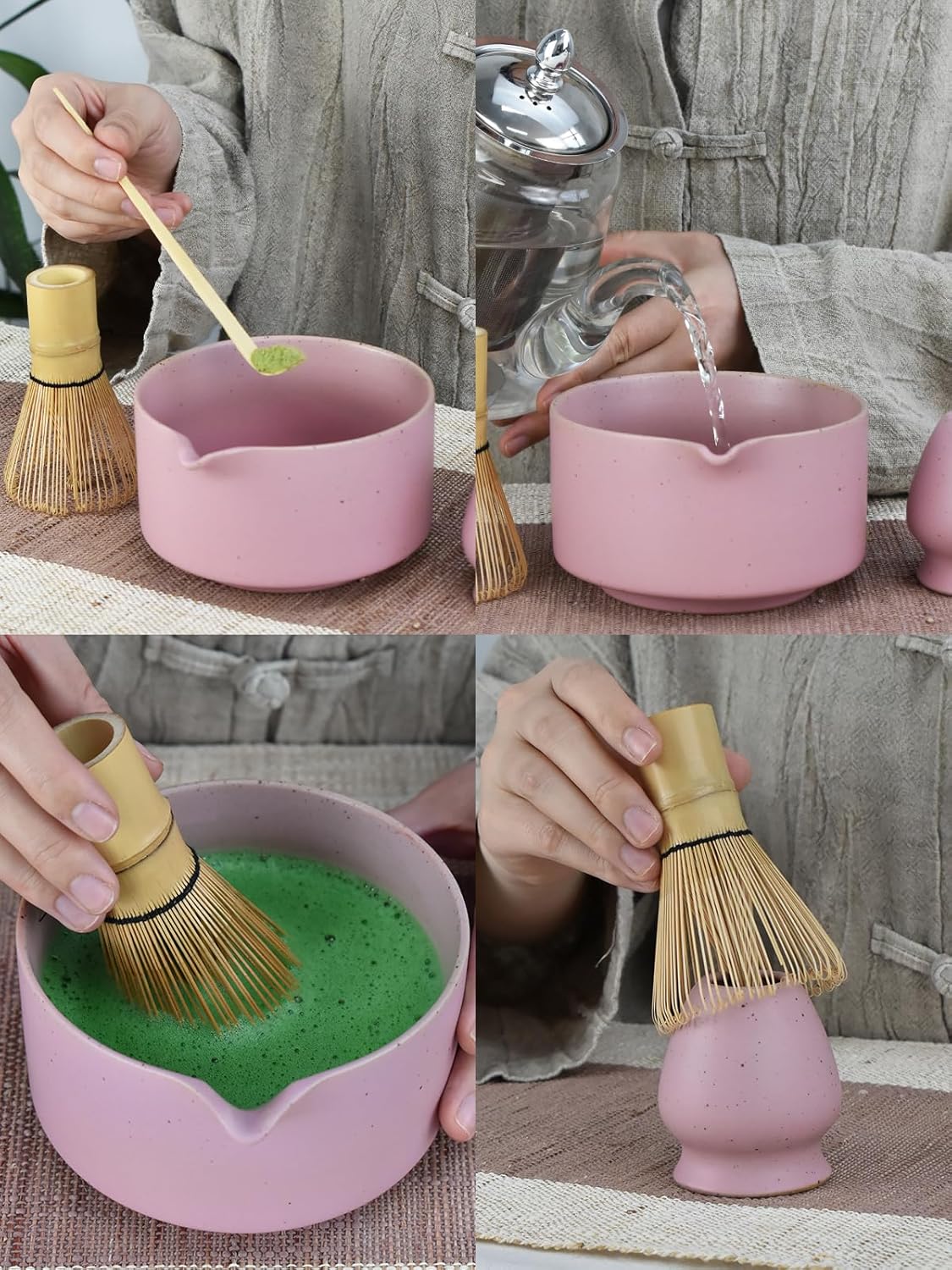 Artcome Matte Pink Matcha Bowl Set with Spout – Handmade Ceramic Chawan, Bamboo Whisk, Whisk Holder, Tea Scoop, and Matcha Manual – Japanese Tea Ceremony Set for Matcha Lovers