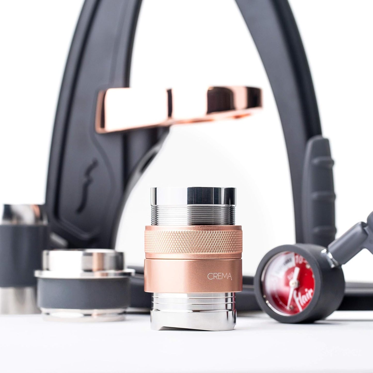 Crema Coffee Products 45.5mm Hand Tamper & Coffee Distributor V2 | Compatible with Flair Pro and Pro 2 Portafilter | Double-Sided, Adjustable Depth Tool|Made with Durable 304 Stainless Steel|Rose Gold