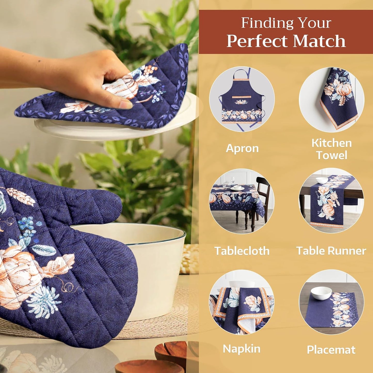 Maison d' Hermine Oven Gloves 100% Cotton Oven Mitt 7" x 13" with Loop Heat Resistant, BBQ, Cooking Gloves, Baking, Grilling, Kitchen, Handling Hot Pans (Pack of 1, Pumpkin Blues)