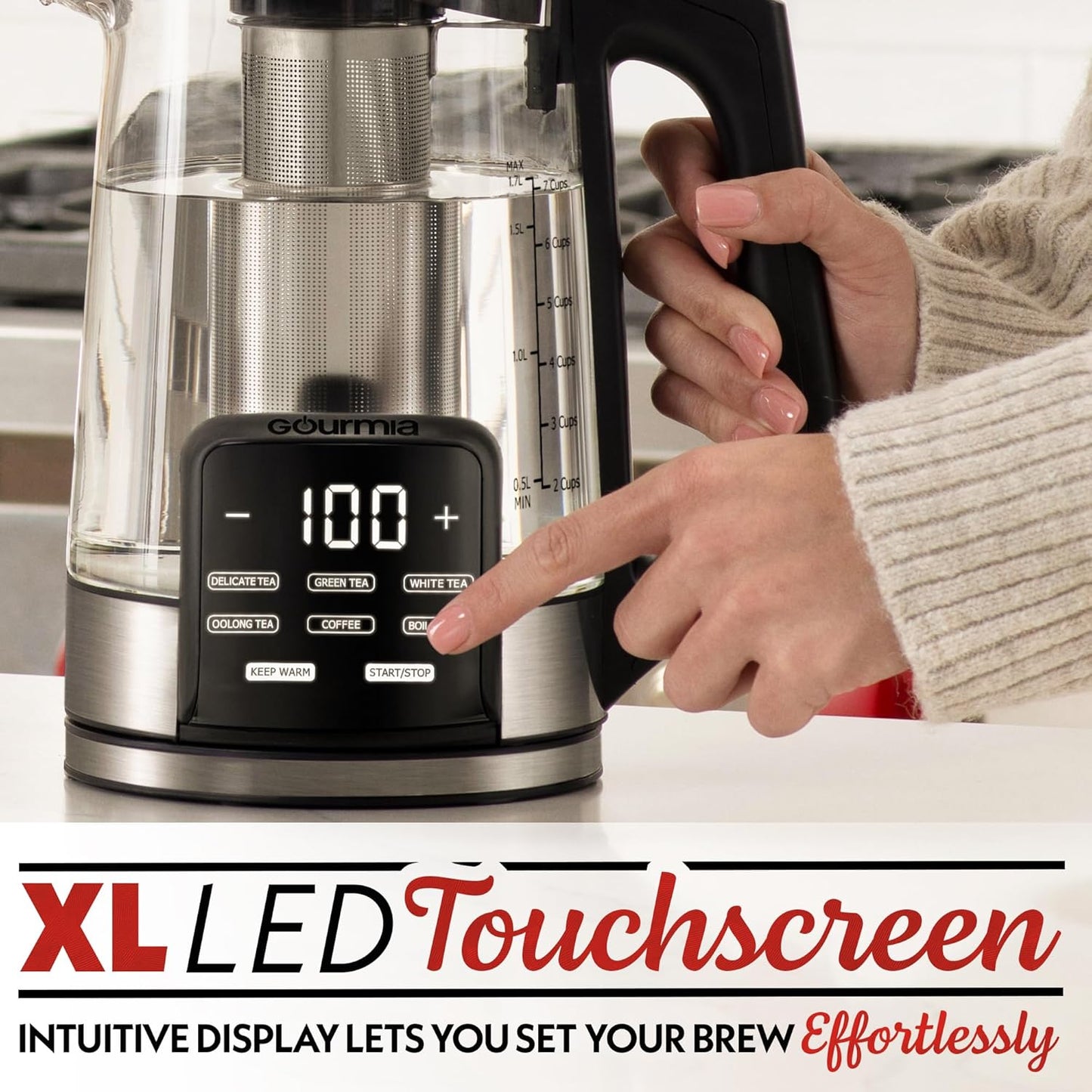 Gourmia Electric Programmable Glass Kettle – 1.7L Temperature Control Tea & Coffee Kettle with Digital Touch Display, 6 Presets, Keep Warm, Removable Stainless Steel Infuser, 360° Swivel Base – Red