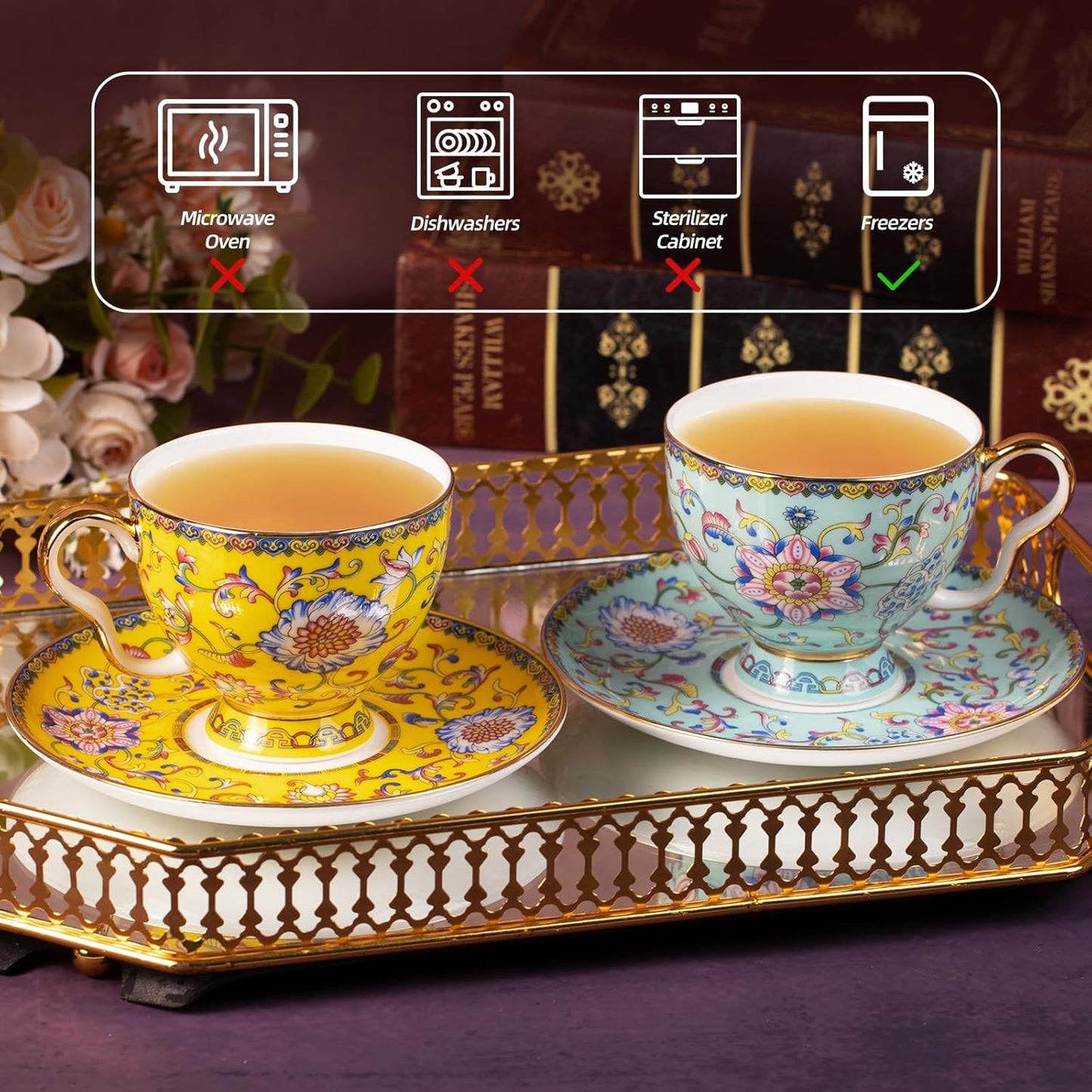 KAMMAK Tea Cups and Saucers Set of 2, Porcelain Coffee Cups with Saucer for Espresso, Cappuccino, 7.5oz Vintage Yellow and Blue Ceramic Demitasse Mug for Home, Tea Party, Office