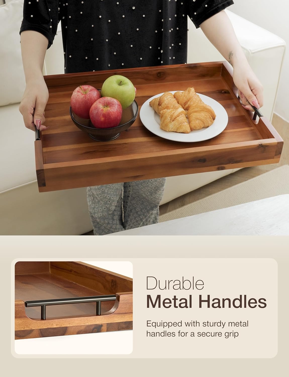20 Inch Acacia Wood Ottoman Tray with Metal Handle - Wooden Square Serving Tray - Extra Large Food Trays for Decorative, Coffee Table, Breakfast in Bed - Charcuterie Trays Use for Kitchen