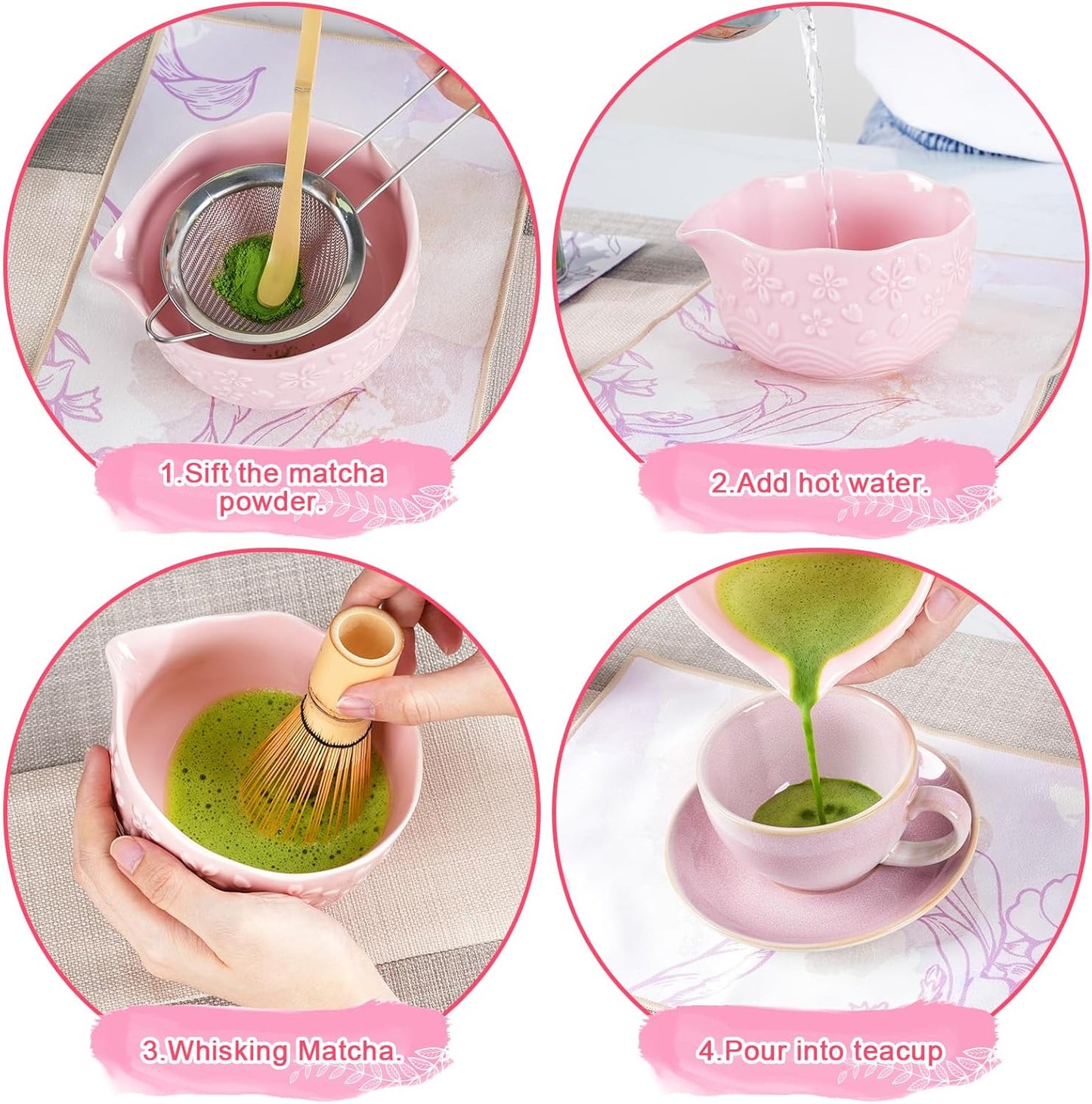 Matcha Whisk Set, Matcha Set 7 Pieces - Ceramic Matcha Bowl with Spout, Bamboo Chasen Whisk & Holder, Scoop, Sifter, Tea Towel - Complete Kit for Matcha Tea Ceremony, Latte, Ideal Gift(Pink)