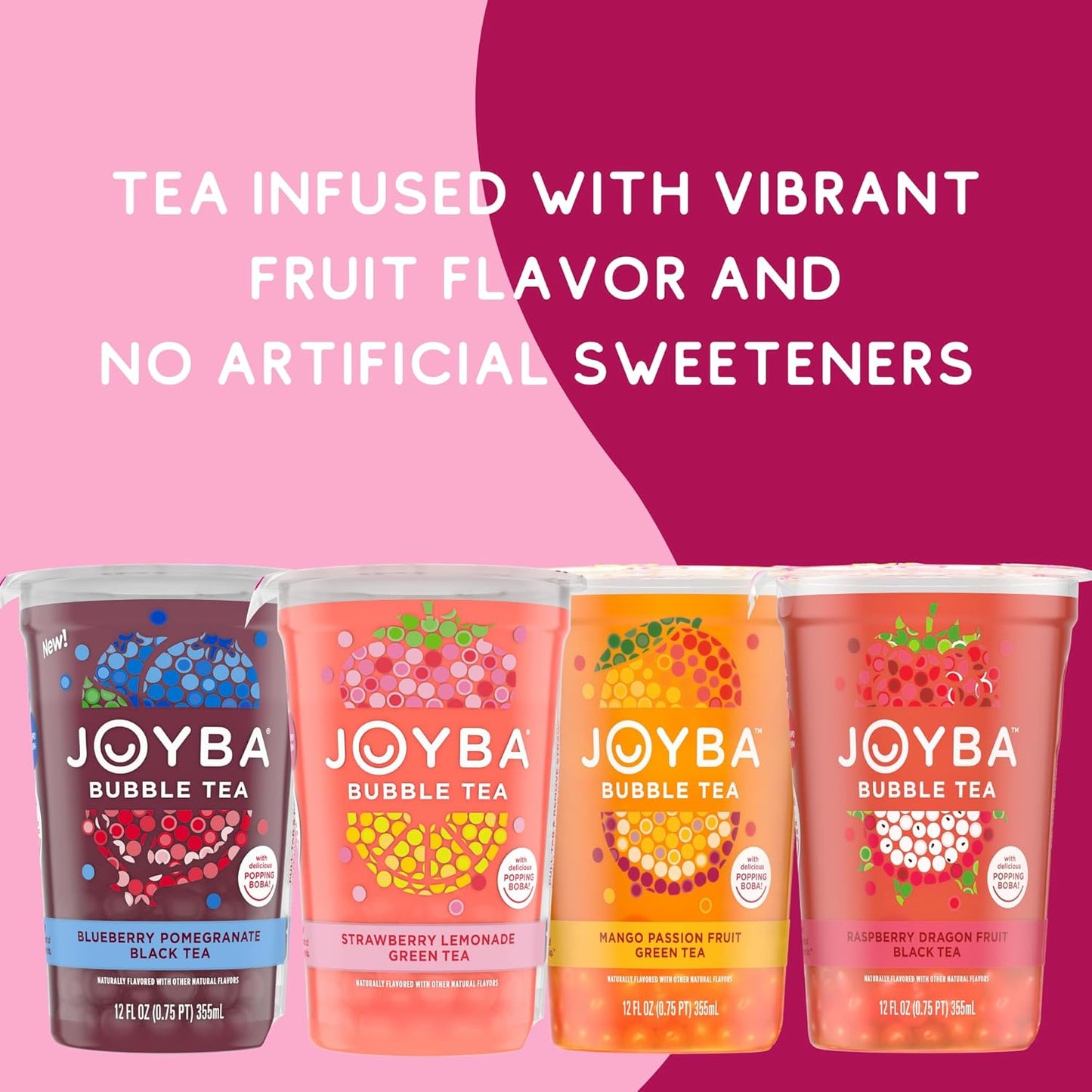 Joyba Reduced Sugar Peach Mango Black Tea Bubble Tea, 4 Pack, 12 fl. oz. Cups