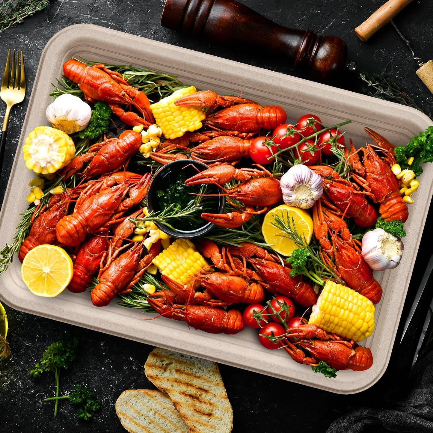 ECOLipak 50 Pack 14 Inch Disposable Food Crawfish Trays, Compostable Large Paper Plates, Disposable Thanksgiving Trays for Serving Food, Turkey, BBQ, Seafood Boil Party Supplies(Nature)