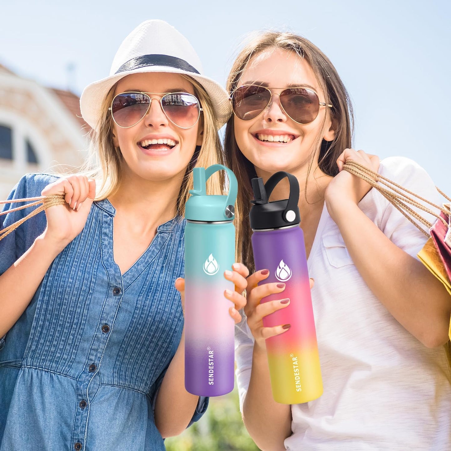 SENDESTAR Stainless Steel Wide Mouth Water Bottle 24oz Double Wall Vacuum Insulated Leak Proof Bottle with New Flex Straw Lid & Spout Lid