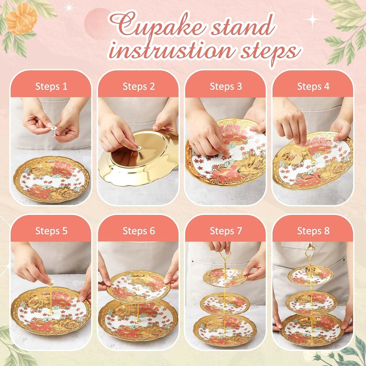 Maxcheck 21 Pcs Tea Party Set for Adults European Floral Tea Set with Metal Holder and 3 Tier Ceramic Cake Stand Porcelain Flower Cup Teapot for Dessert Cupcake(Romantic Style)