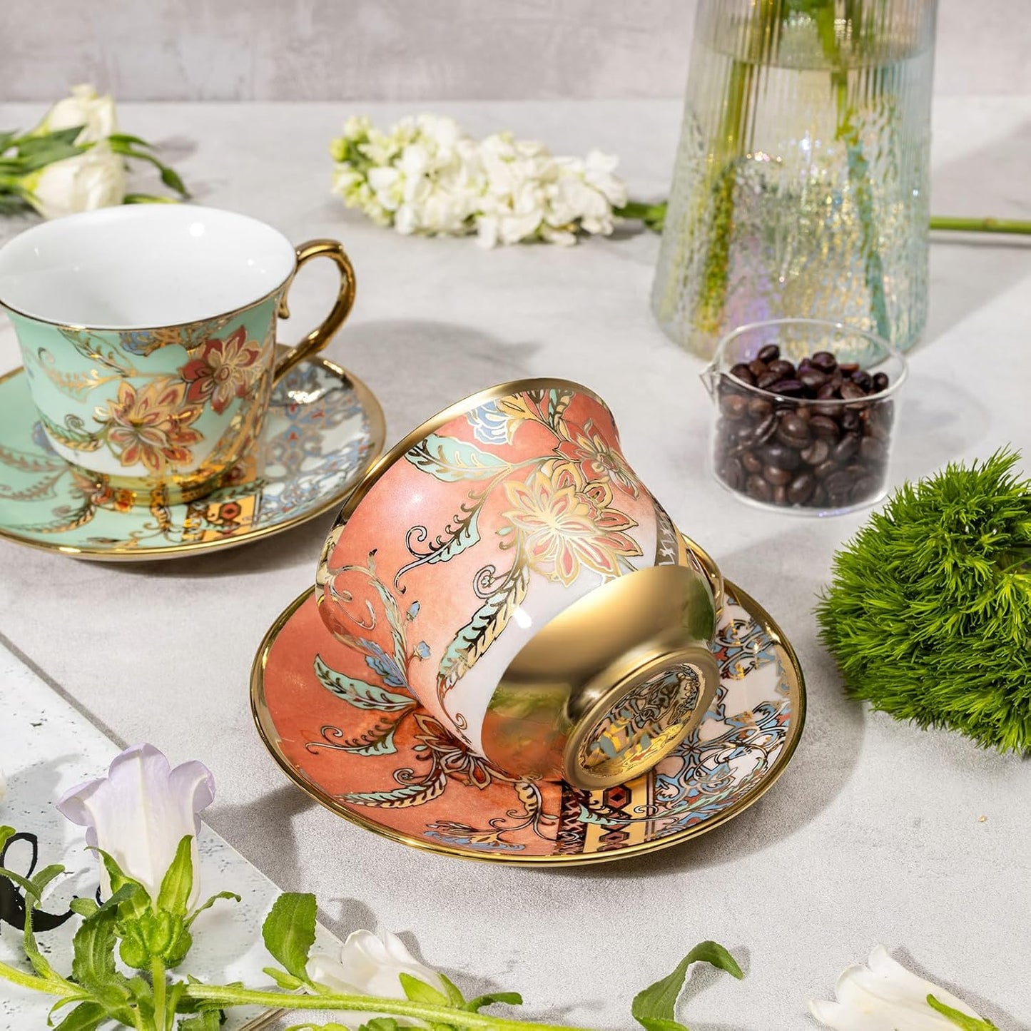 Tea Cups and Saucers Set of 8, 8 OZ Floral Tea Cup with Saucer, Vintage Tea Cups Porcelain Tea Set with Spoon for Latte, Mocha, Afternoon Tea Birthday Party Supply Thanksgiving Day Halloween gifts