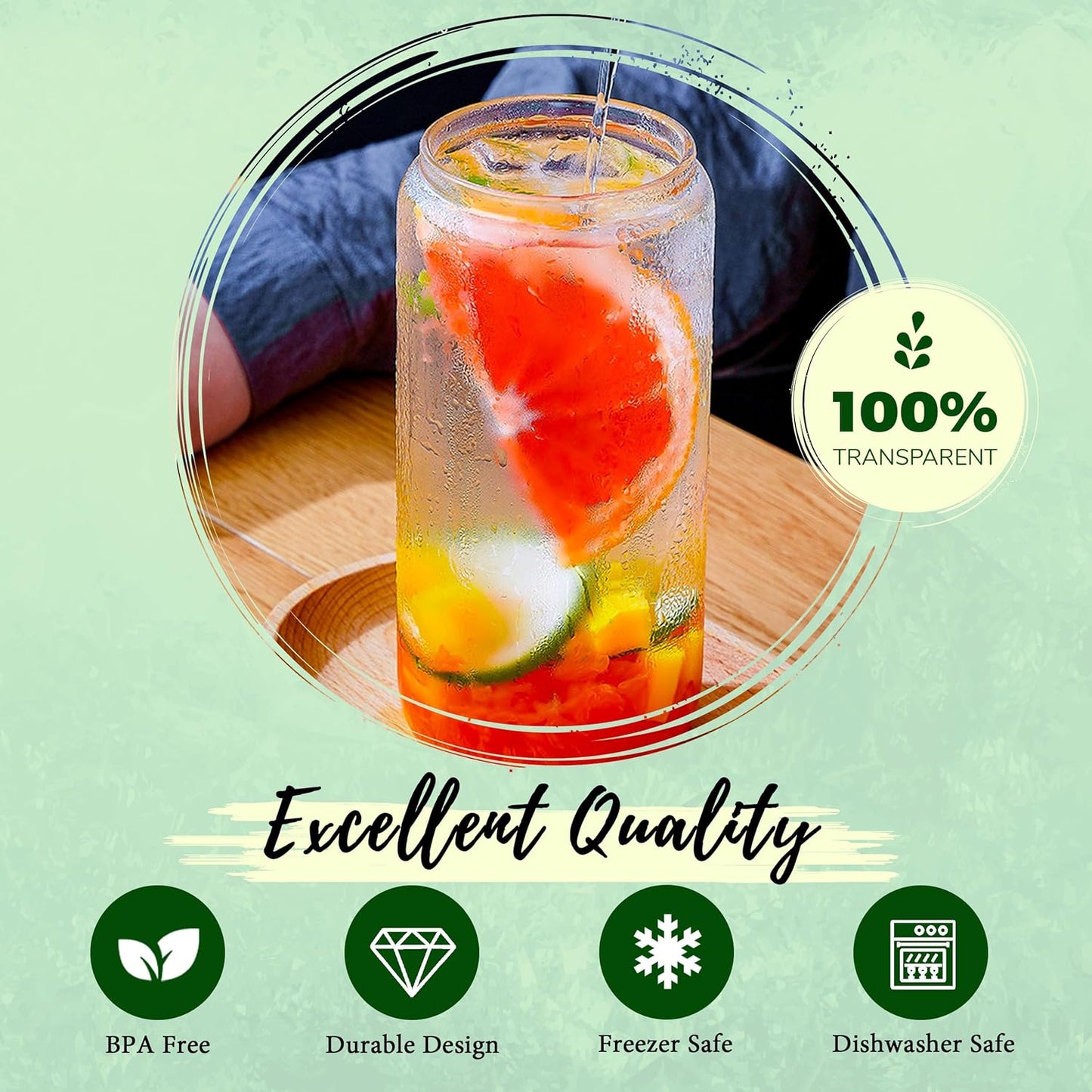 Joyclub 20 oz Glass Cups with Acrylic Lids and Straws 2pcs Can Shaped Glass Iced Coffee Cups with Lids, Drinking Jar Glasses Cute Tumbler Cup Great for Smoothie Soda Boba Tea Cocktail Beer Gift