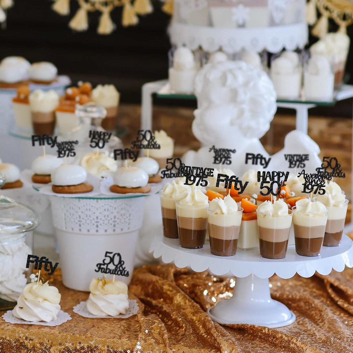 Gyufise 30Pcs Vintage 1975 Cupcake Toppers 50th Birthday Cake Decorations Cheers to 50 Fabulous Fifty Cupcake Picks 50th Birthday Wedding Anniversary Party Cake Decorations Supplies Black