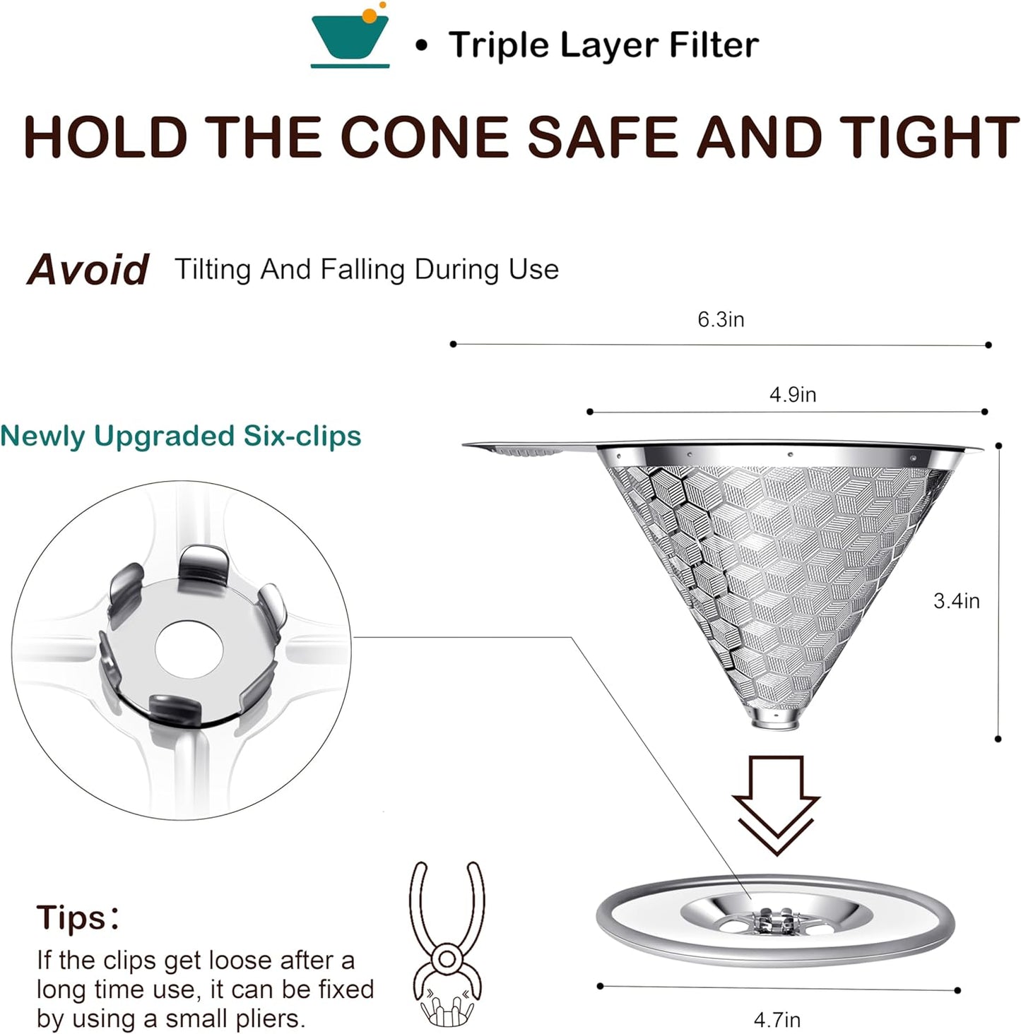 Pour Over Coffee Dripper, Triple Layer Stainless Steel Pour Over Coffee Dripper, Portable Coffee Maker With Detachable Cup Stand, 2-4 Cup Paperless Reusable Pour Over Coffee Filter Non-plastic