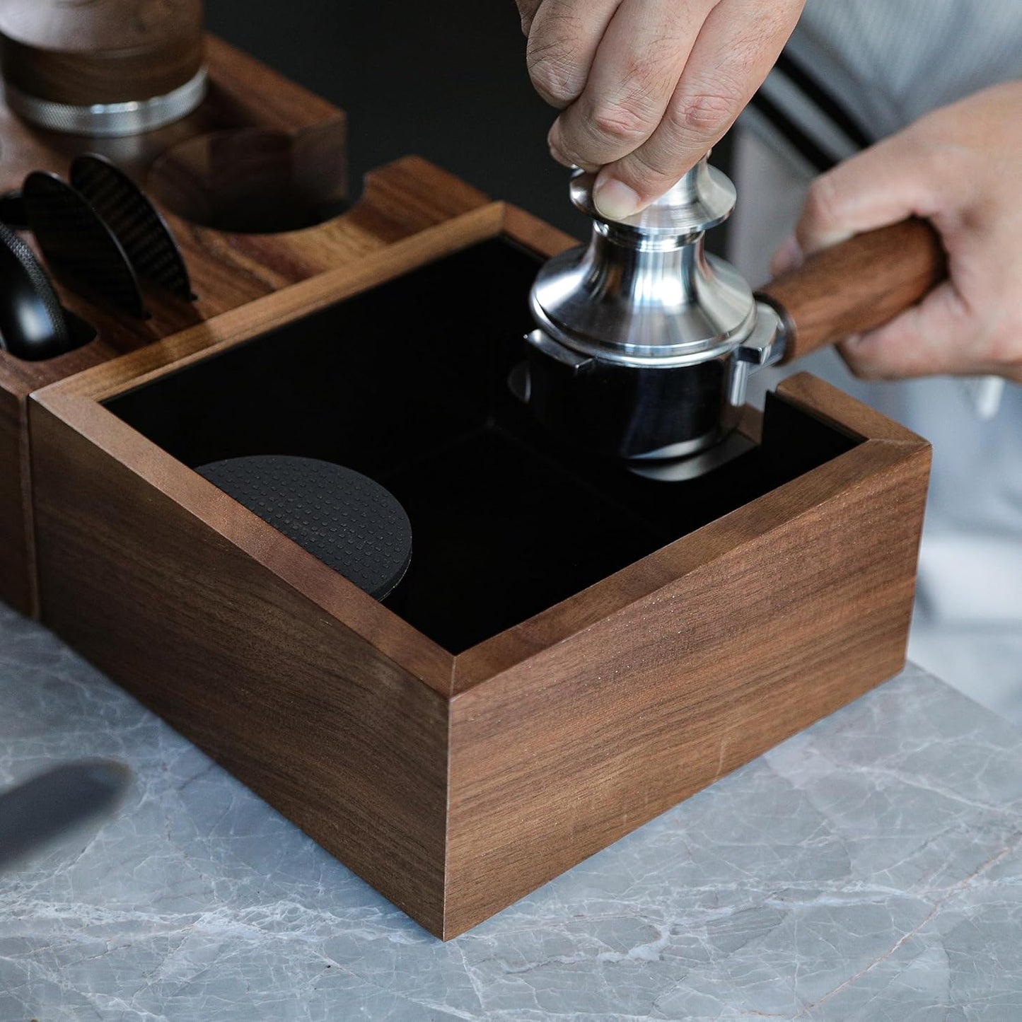 58mm Espresso Tamping Kit Walnut Tamper Station and Knock Box for Coffee Grounds Disposal and Tool Organization