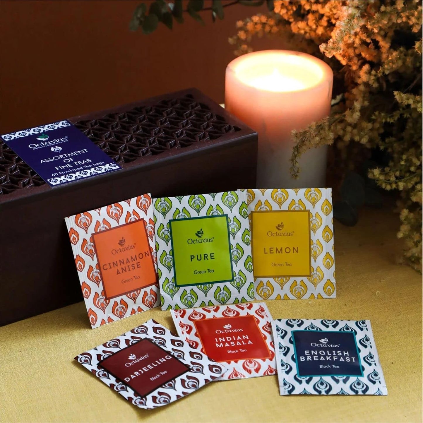 Octavius Gift's Select - Assorted Tea in Leafcut Design Wooden Box | 6 Flavors, 60 Tea Bags | Black & Green | Premium Tea Gifts for Women & Men | Pack of 1