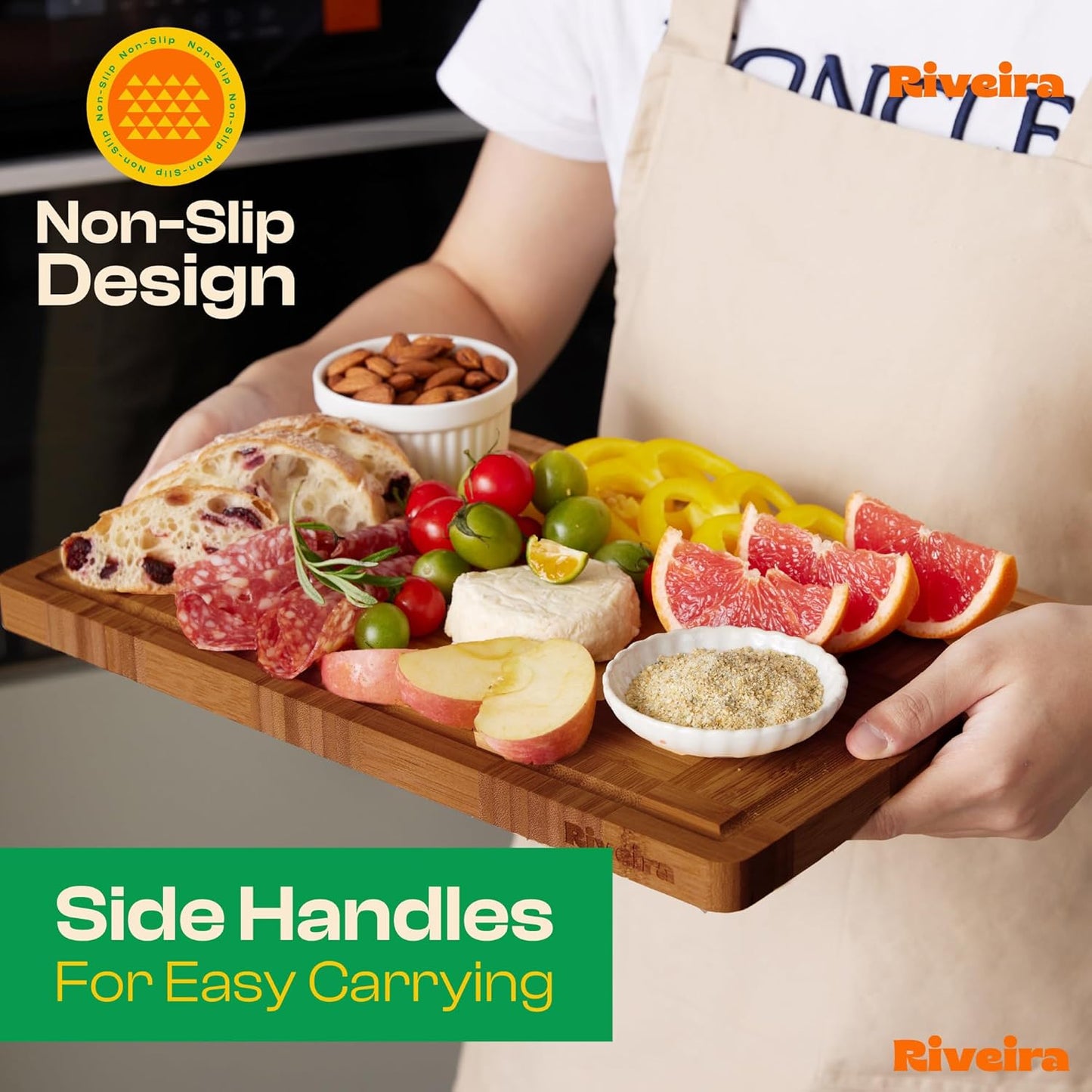 Riveira Bamboo End Grain Wood Cutting Board – Gourmet Bamboo Grandeur: 18 x 12 Wooden Cutting Board – Wooden Cutting Boards For Kitchen Decorative – Innovative Juice Grooves