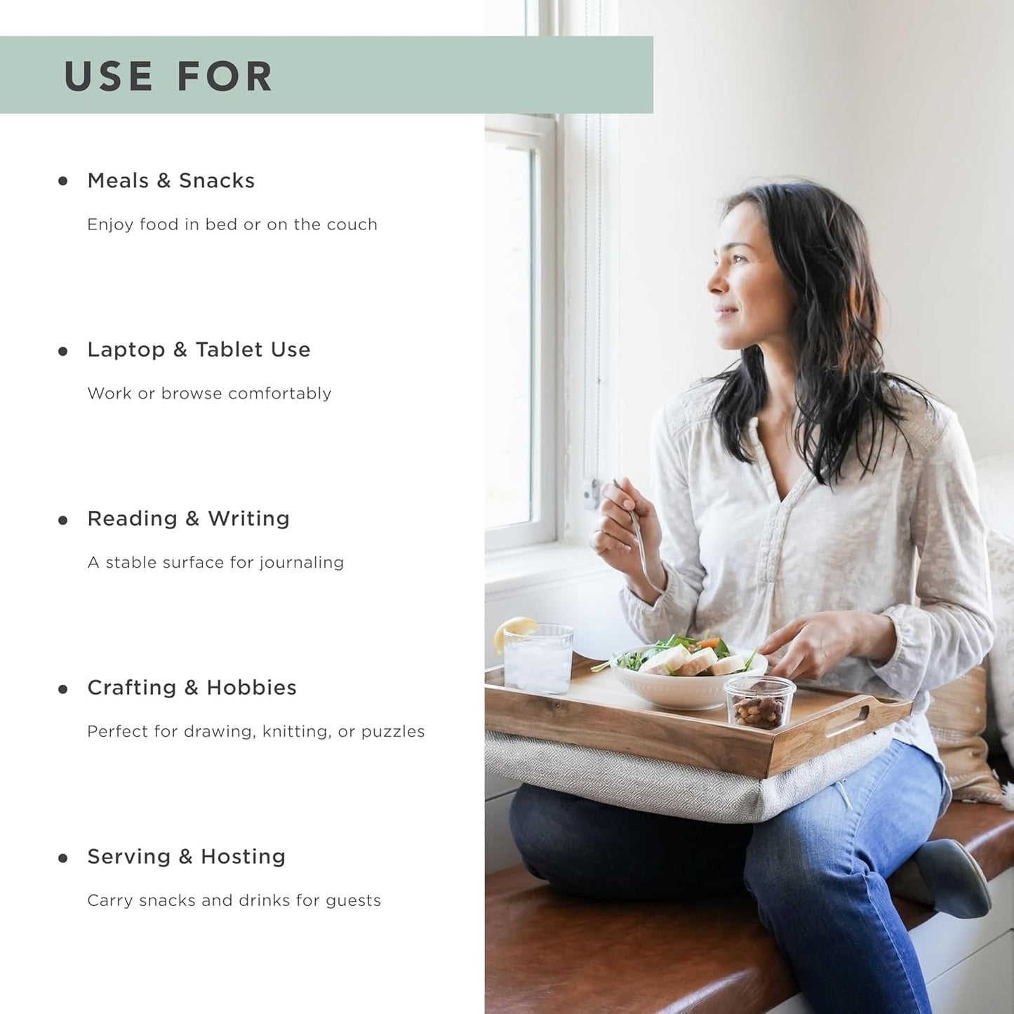 ROSSIE HOME Acacia Wood Bed Tray, Lap Desk with Detachable Cushion, Serving Tray - Natural - Fits up to 15.6 Inch Laptops - Style No. 76106