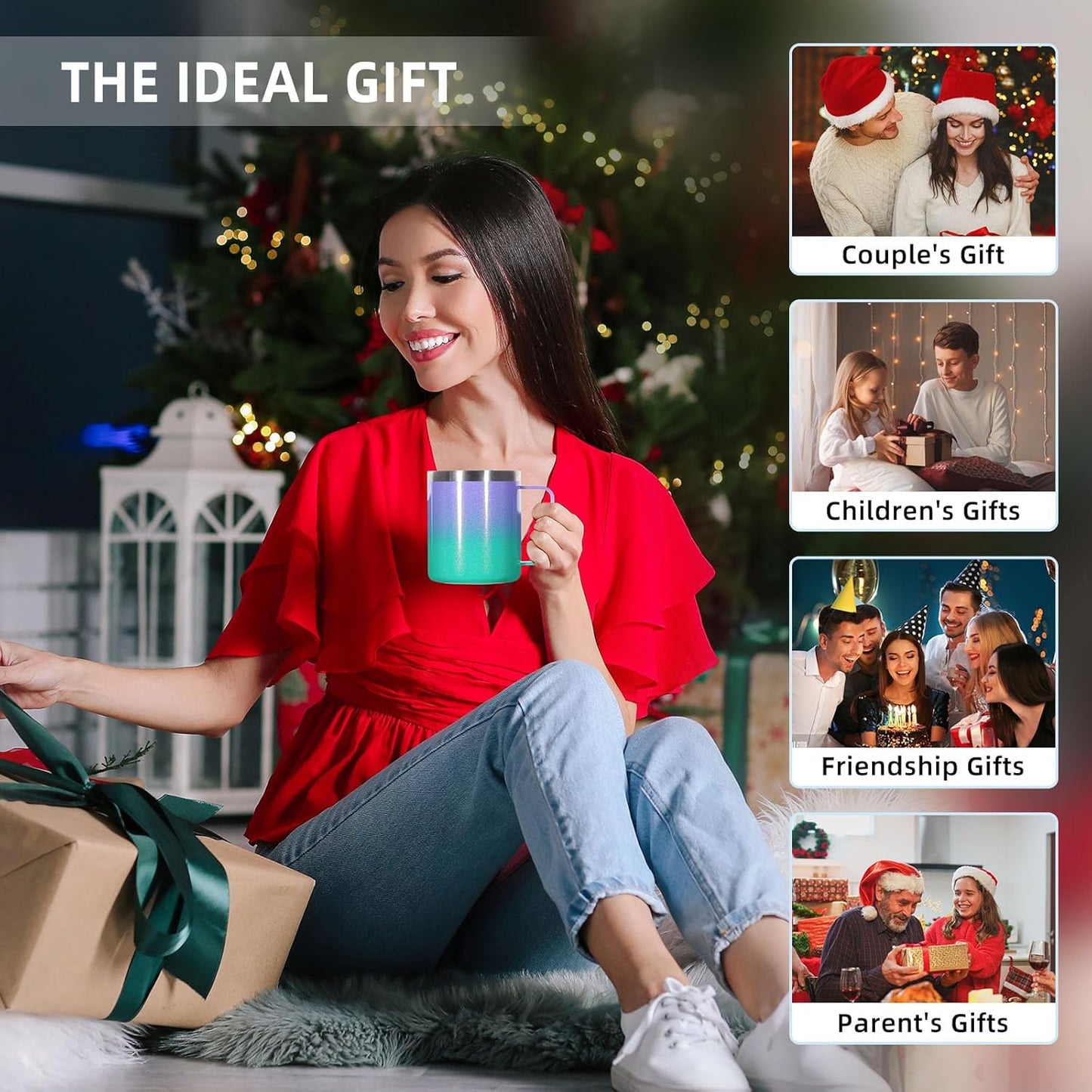 Volhoply 14oz Insulated Stainless Steel Coffee Mug with Leakproof Lid,Double Wall Vacuum Travel Coffee Cup with Handle,Reusable Cups Tumbler,Camping Mugs Keep Hot,Ideal Gifts(Purple Green,1)